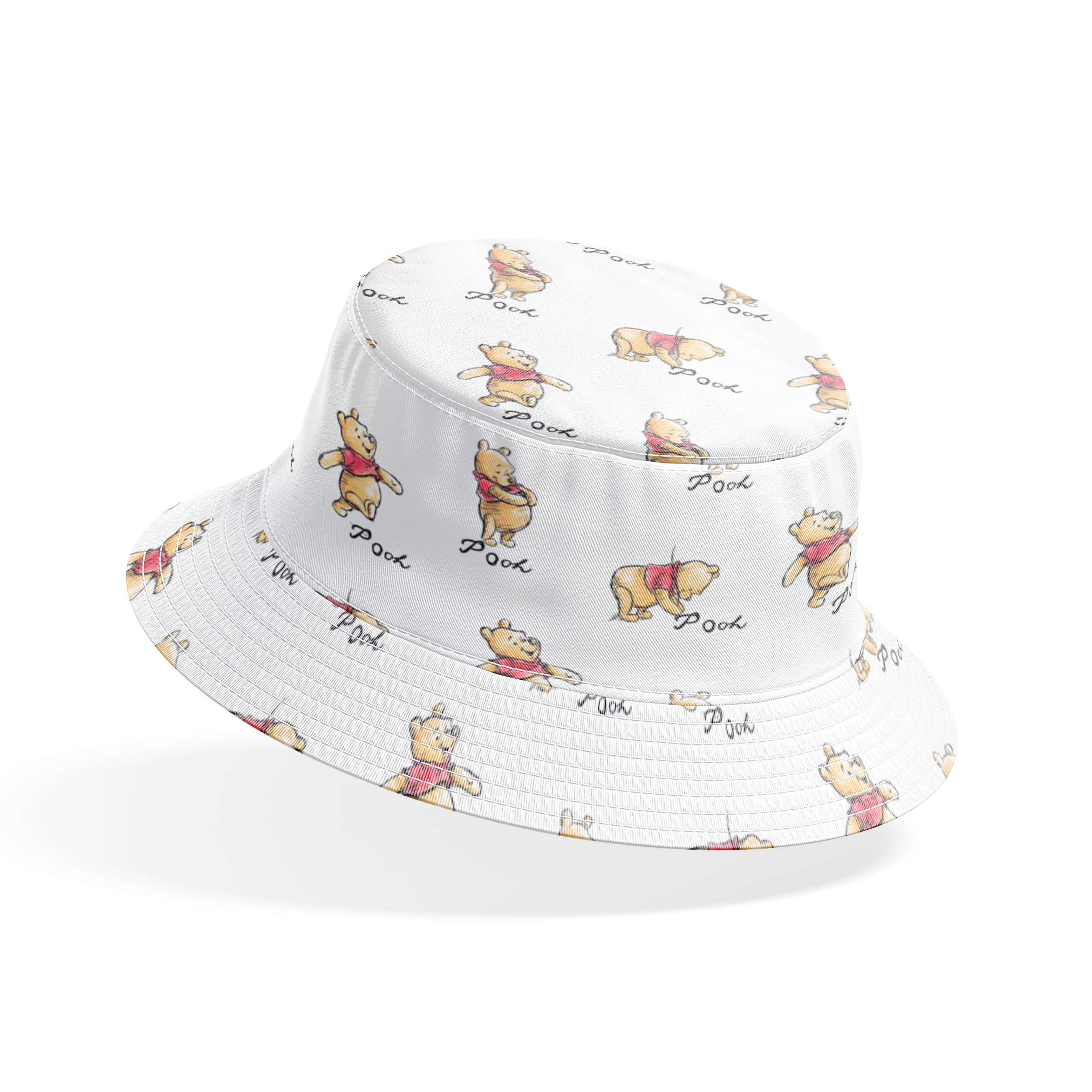 Winnie the Pooh pattern featuring cute yellow bears with red shirts in various poses, labeled "Pooh bucket hat mockup