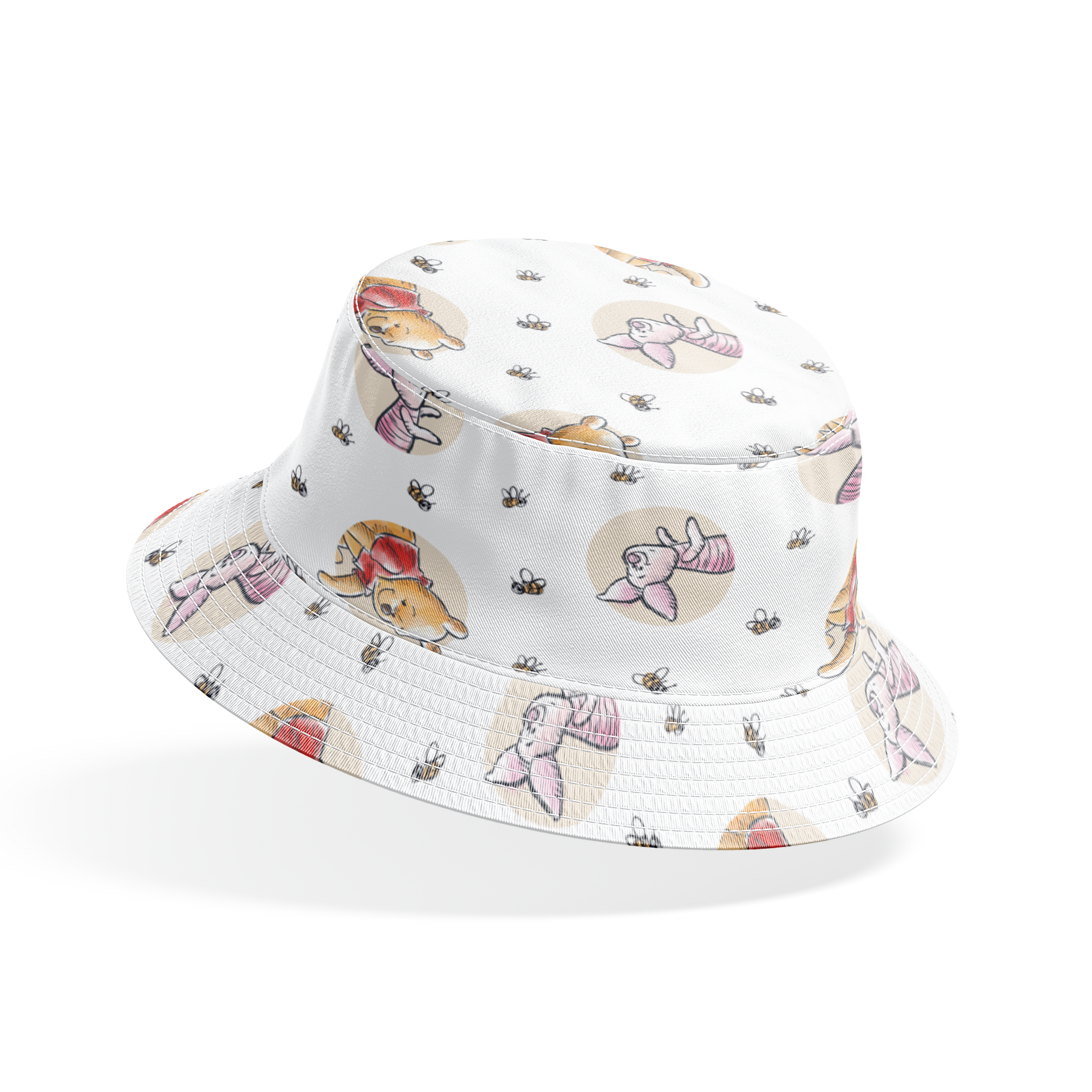 Cute cartoon Winnie the Pooh and Piglet pattern with circular vignettes and buzzing bees bucket hat mockup