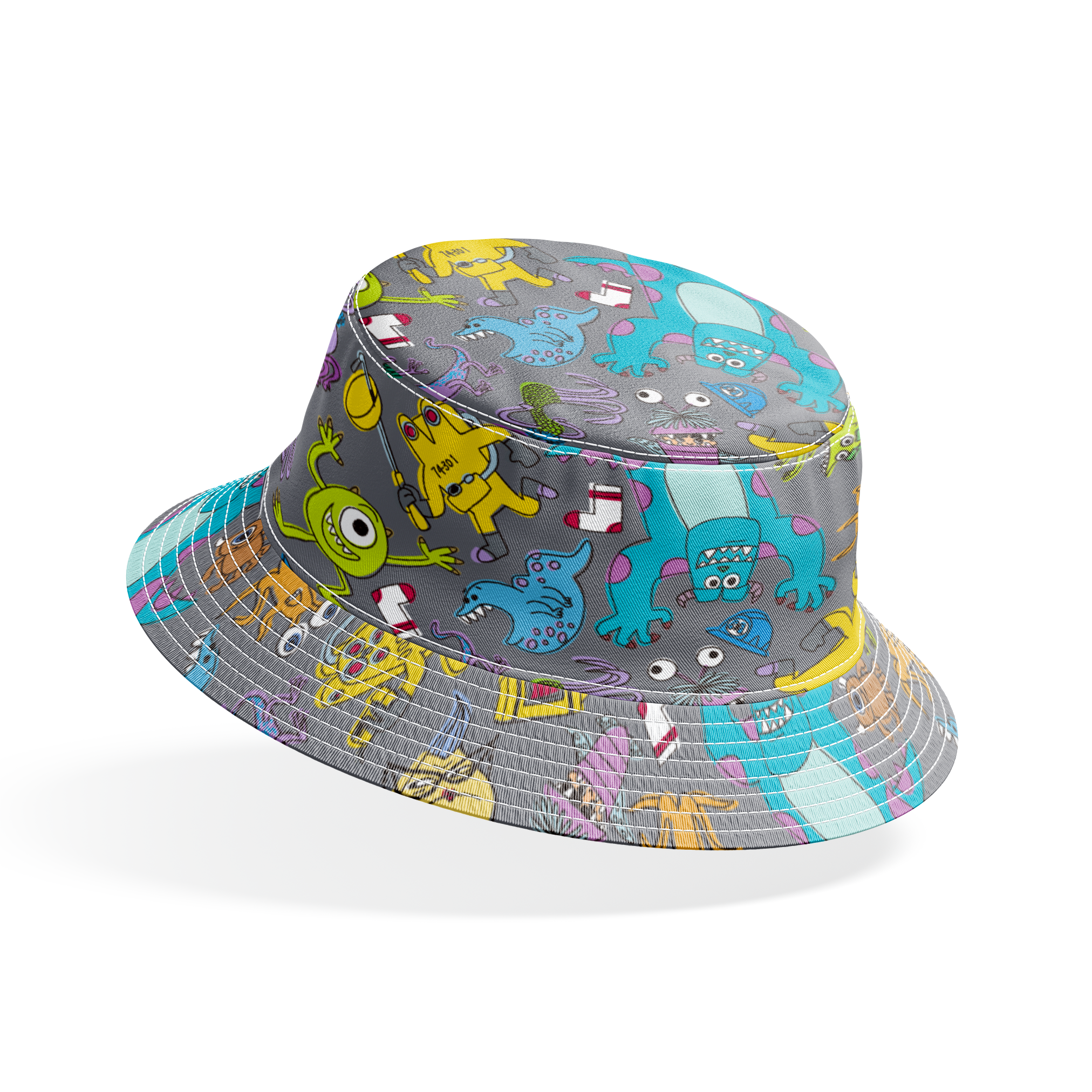 Colorful Monsters Inc pattern with various whimsical creatures in yellow, blue, green, and purple on a gray background. bucket hat mockup