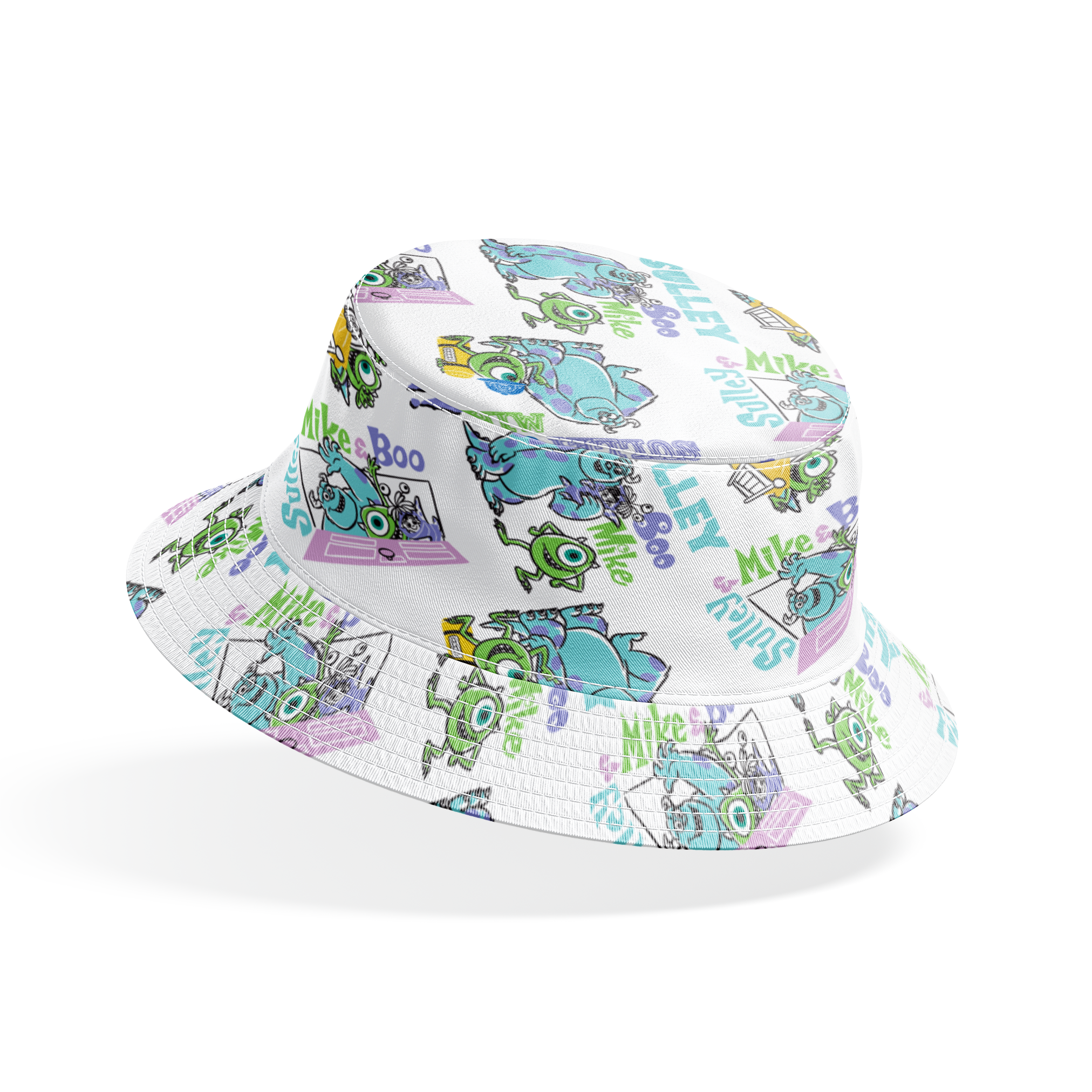 Monsters Inc pattern with Sulley and Mike characters in blue and green, with text like "Boo" and "Monsters" scattered throughout. bucket hat mockup