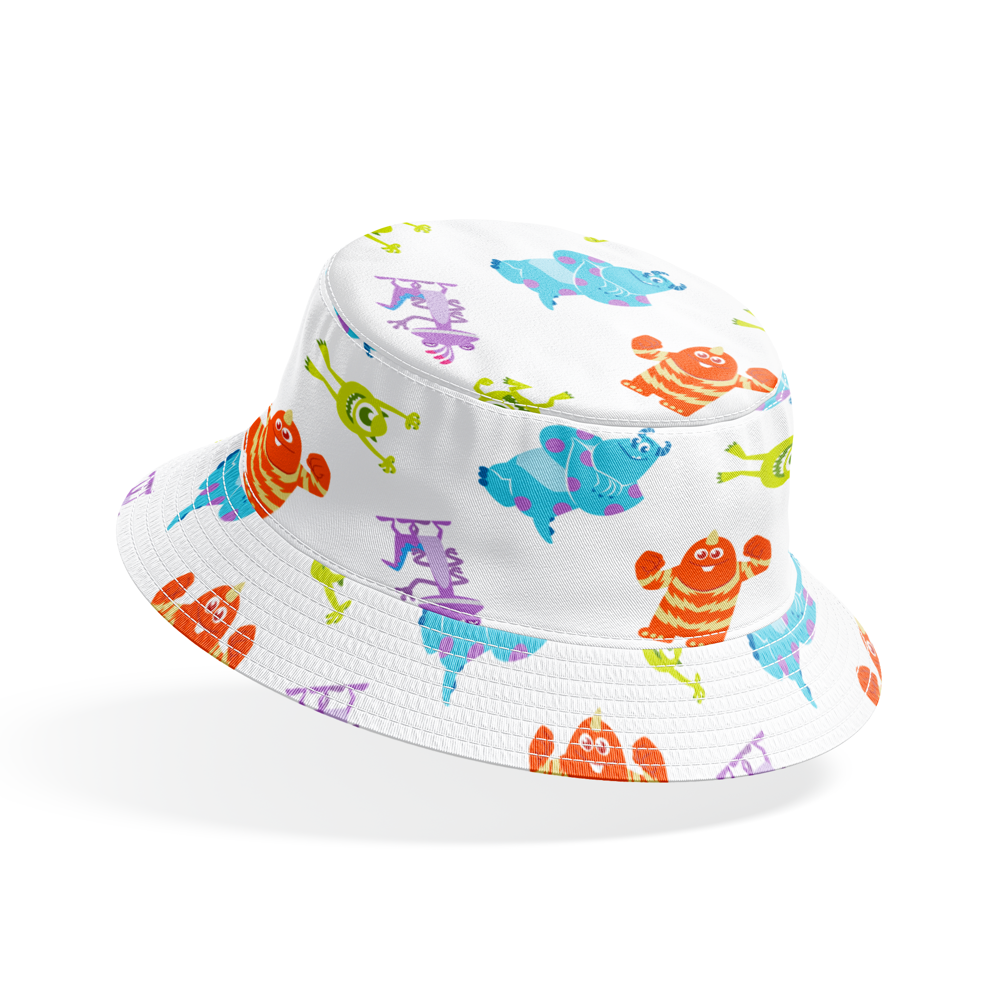 Cartoon monsters pattern with colorful characters - blue, green, purple and orange creatures on white background bucket hat mockup