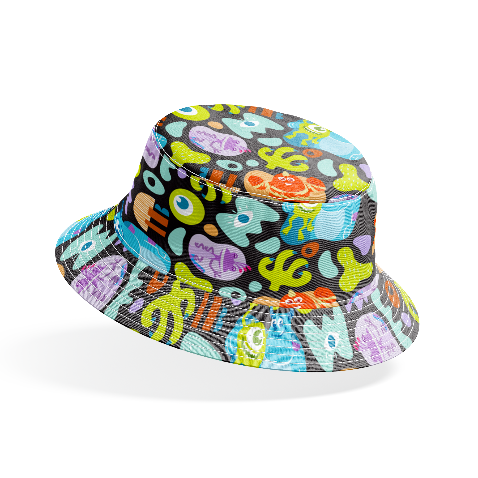 Colorful Monsters Inc pattern with Mike, Sulley and other characters on black background bucket hat mockup
