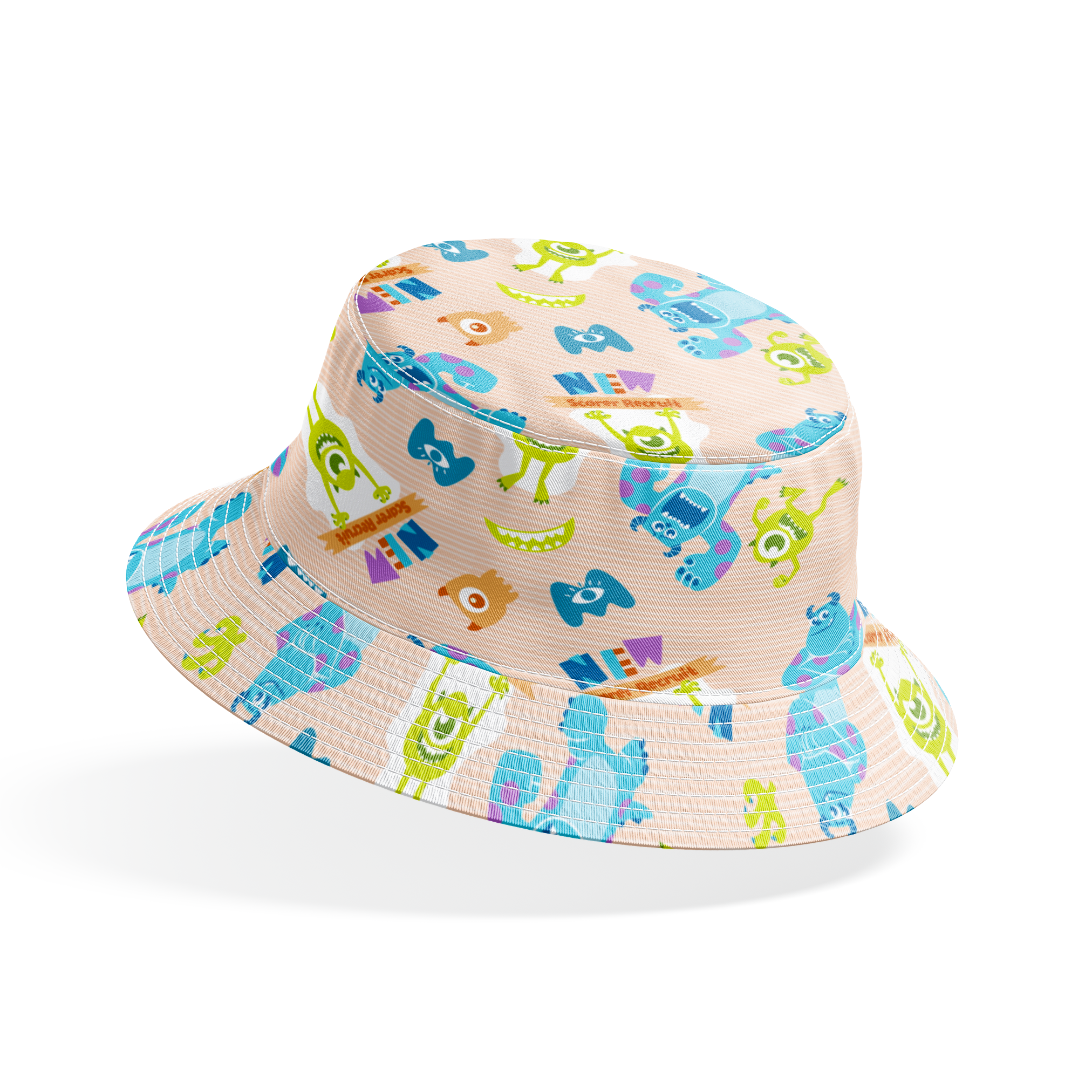 Colorful Monsters Inc pattern with Mike and Sully characters on peach background with scattered letters bucket hat mockup