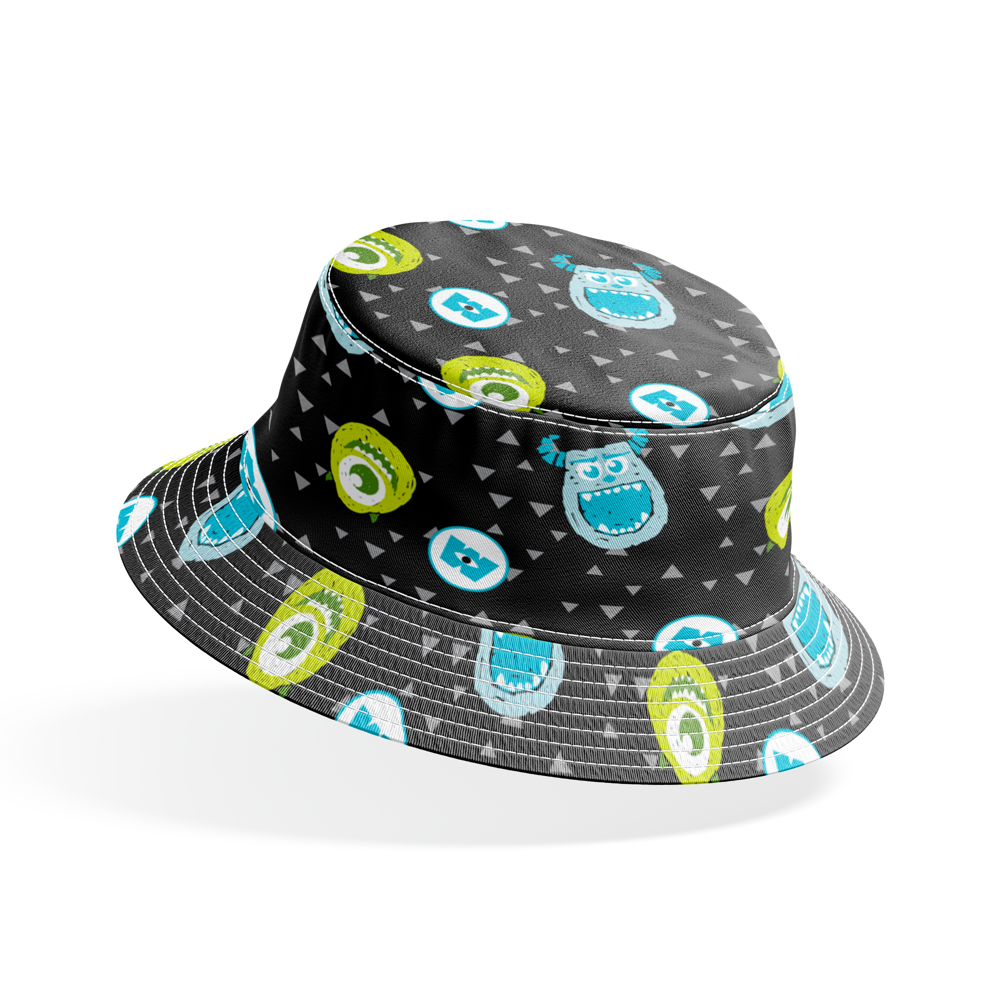 Monsters Inc pattern with Mike and Sulley on black background with gray triangles bucket hat mockup