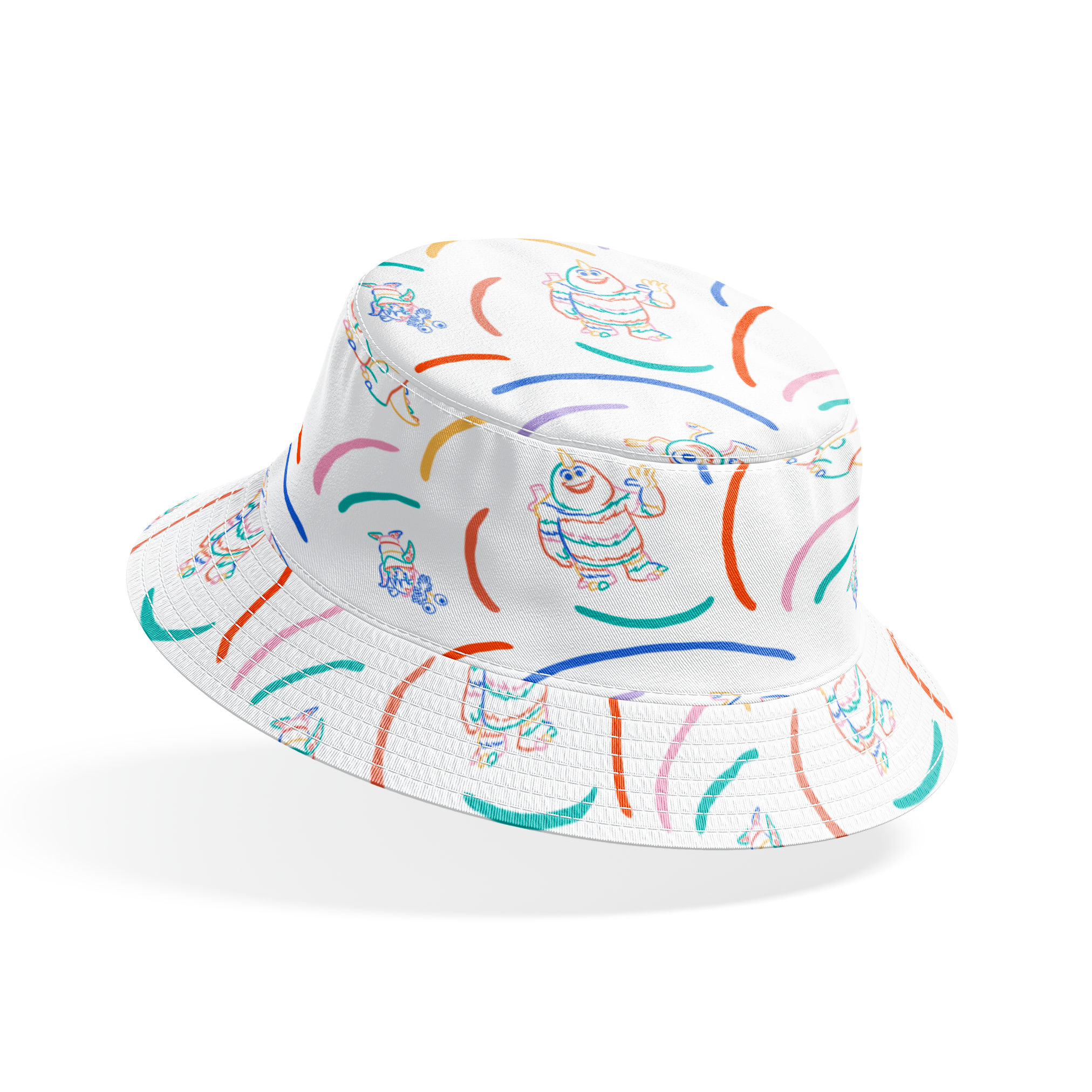 Colorful line drawing pattern with Monsters Inc characters surrounded by curved arcs in rainbow colors bucket hat mockup