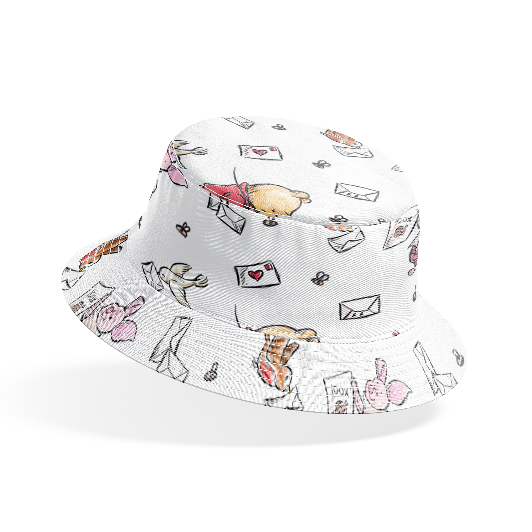 Winnie the Pooh characters with flying letters and envelopes on white background, whimsical illustration style bucket hat mockup