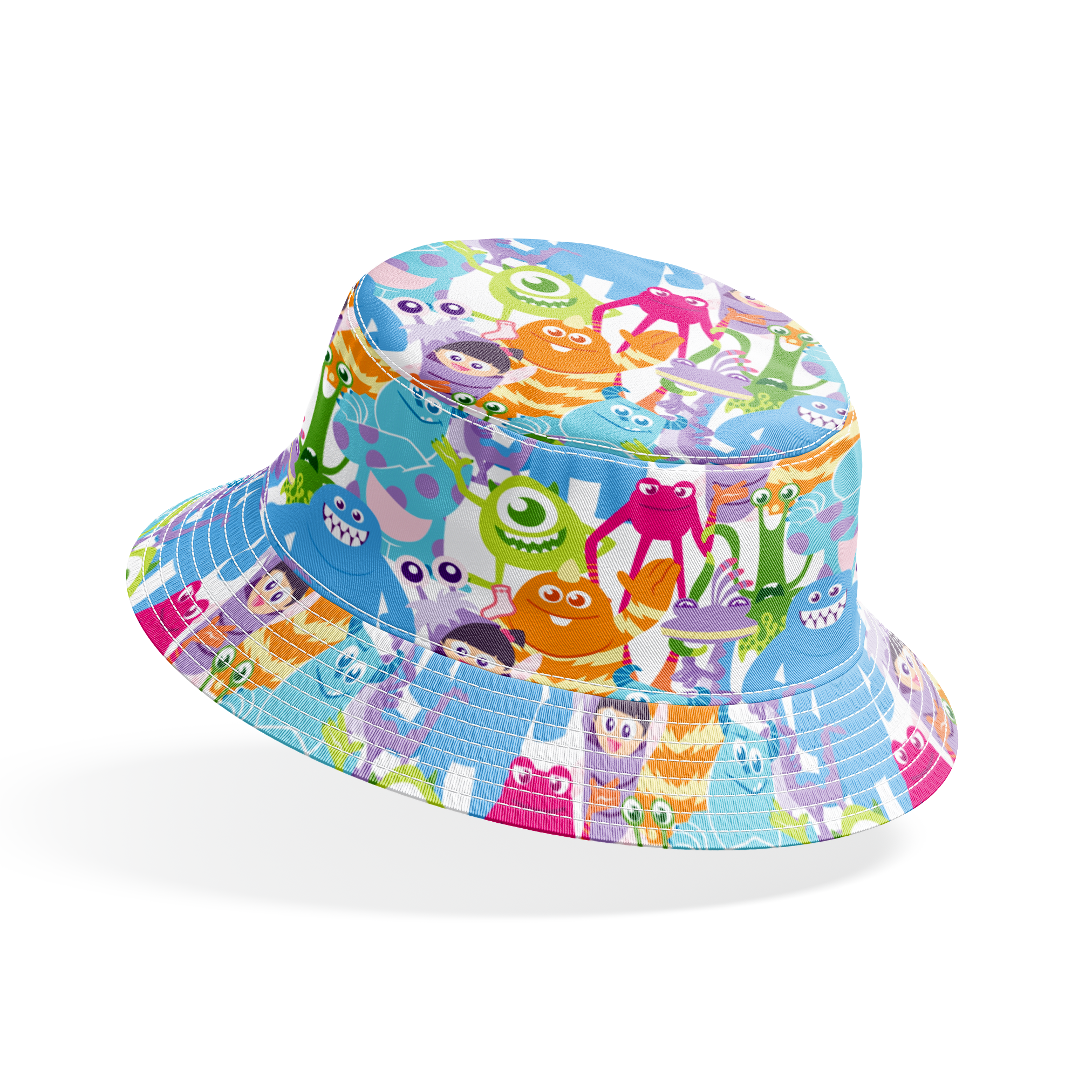 Colorful Monsters Inc pattern with various shapes, sizes and bright colors like blue, pink, orange and green. bucket hat mockup