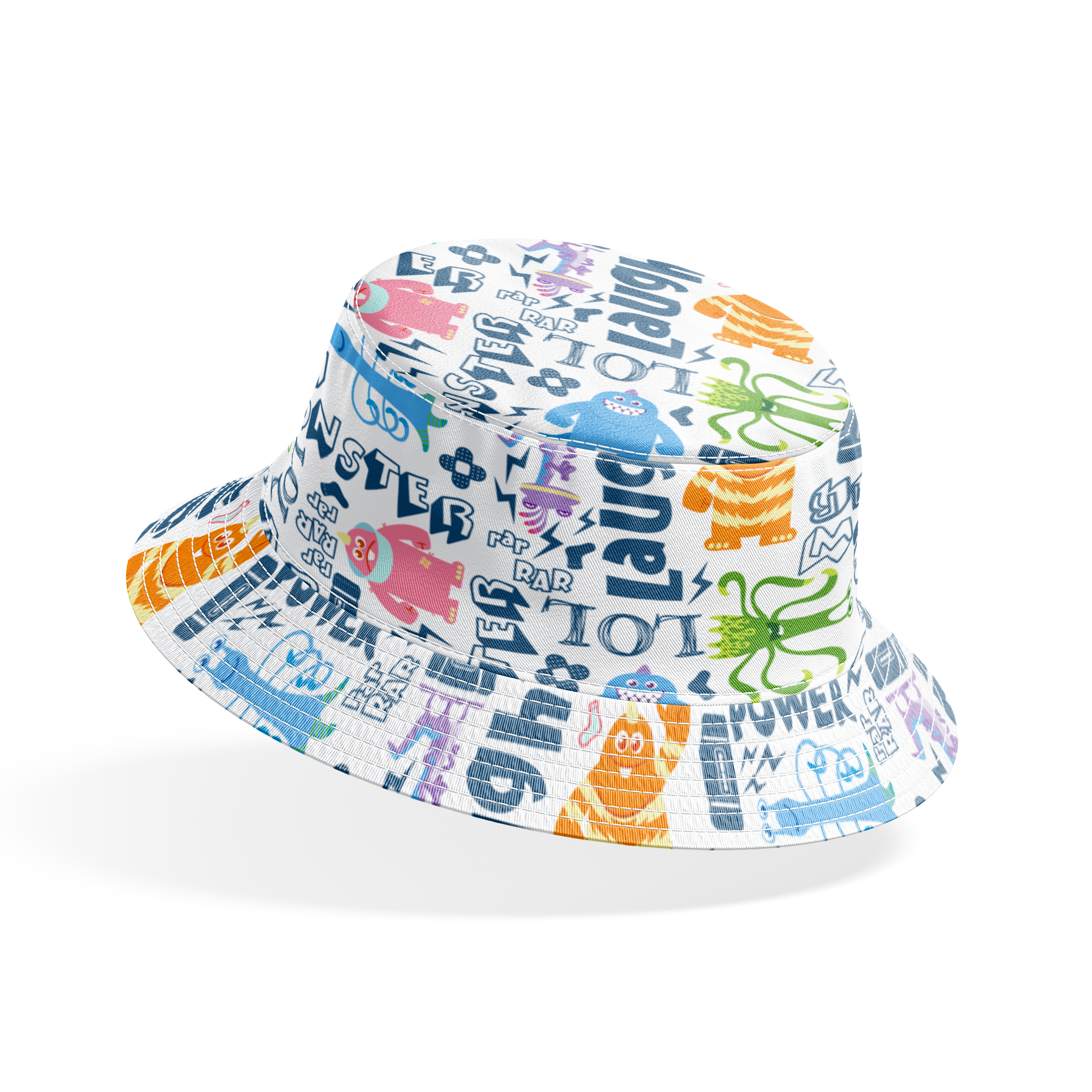Colorful Monsters Inc doodle pattern with playful characters and text like "Laugh," "Power," and "Monster" in blue and vibrant colors. bucket hat mockup