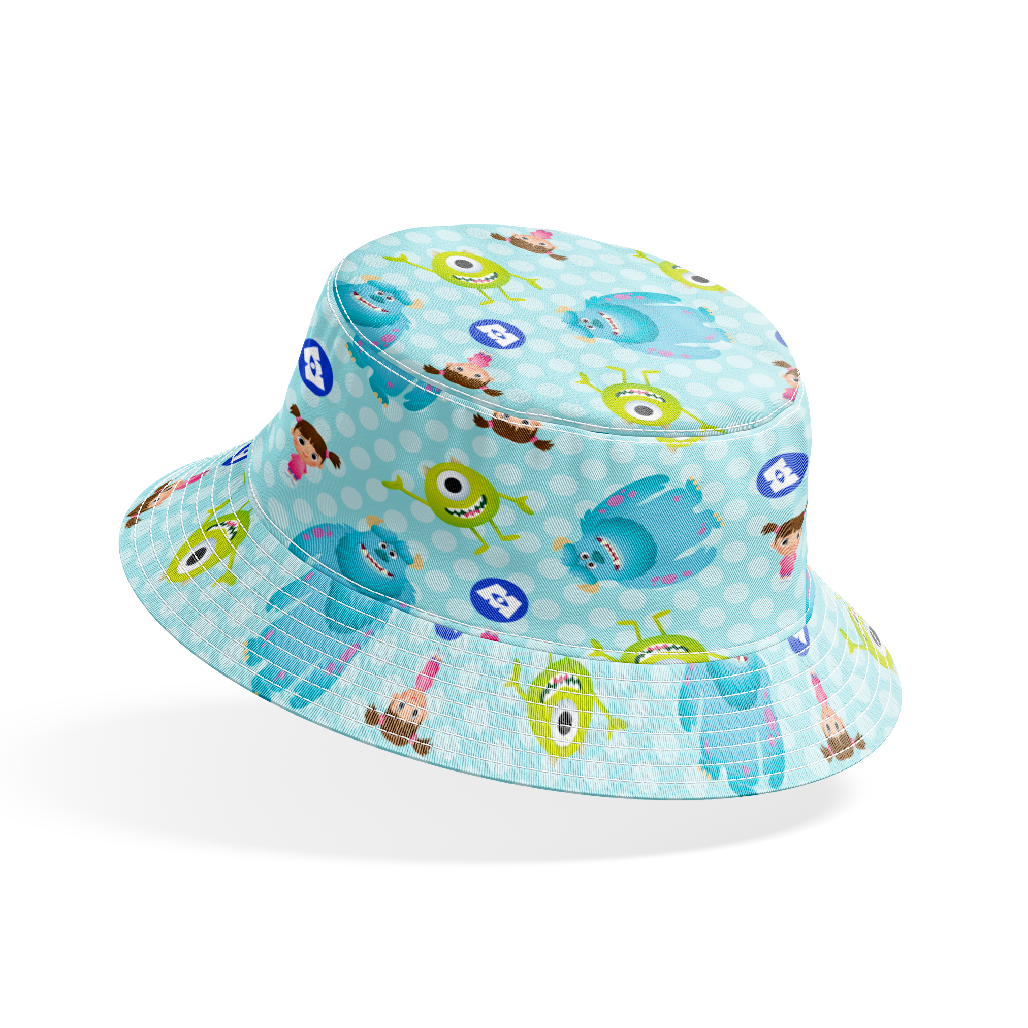 Cartoon Monsters Inc characters on light blue polka dot background bucket hat mockup