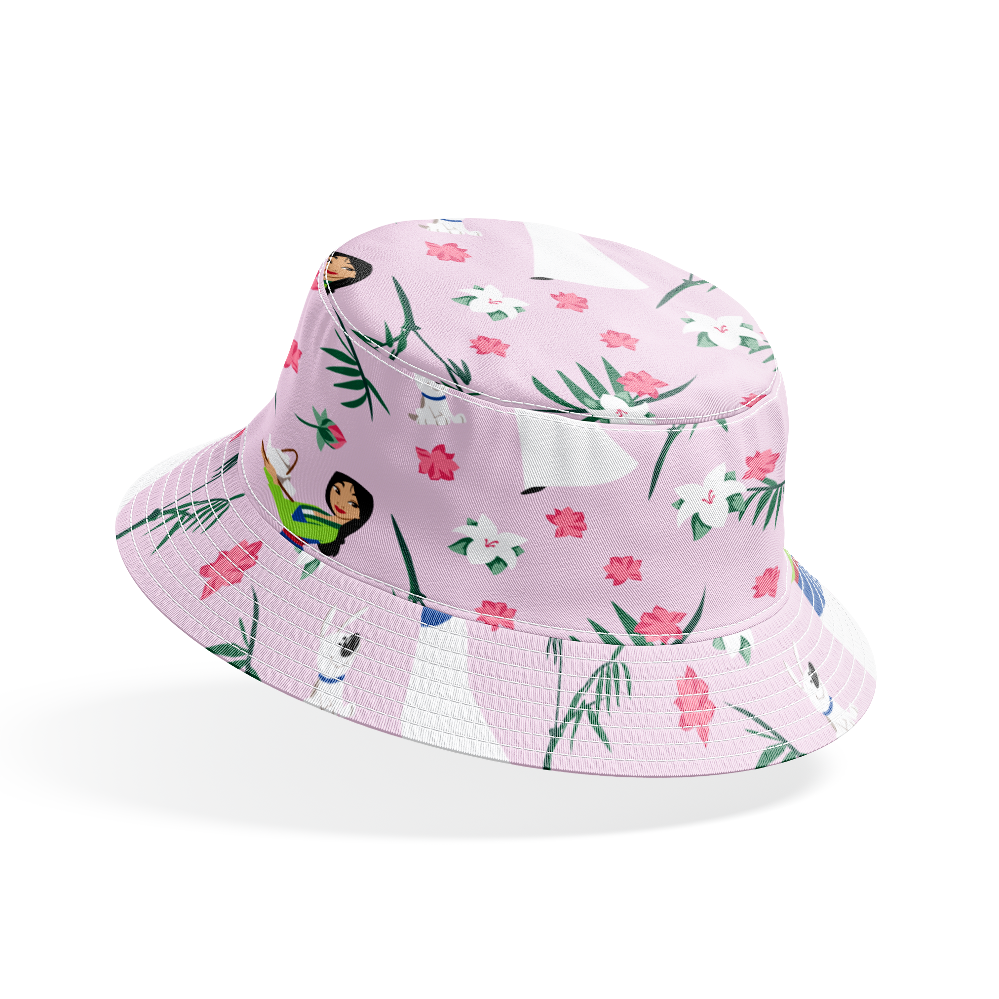 Illustrated pattern on light purple background with cartoon figures in white dresses, pink flowers, green palm leaves, and white rabbits. bucket hat mockup