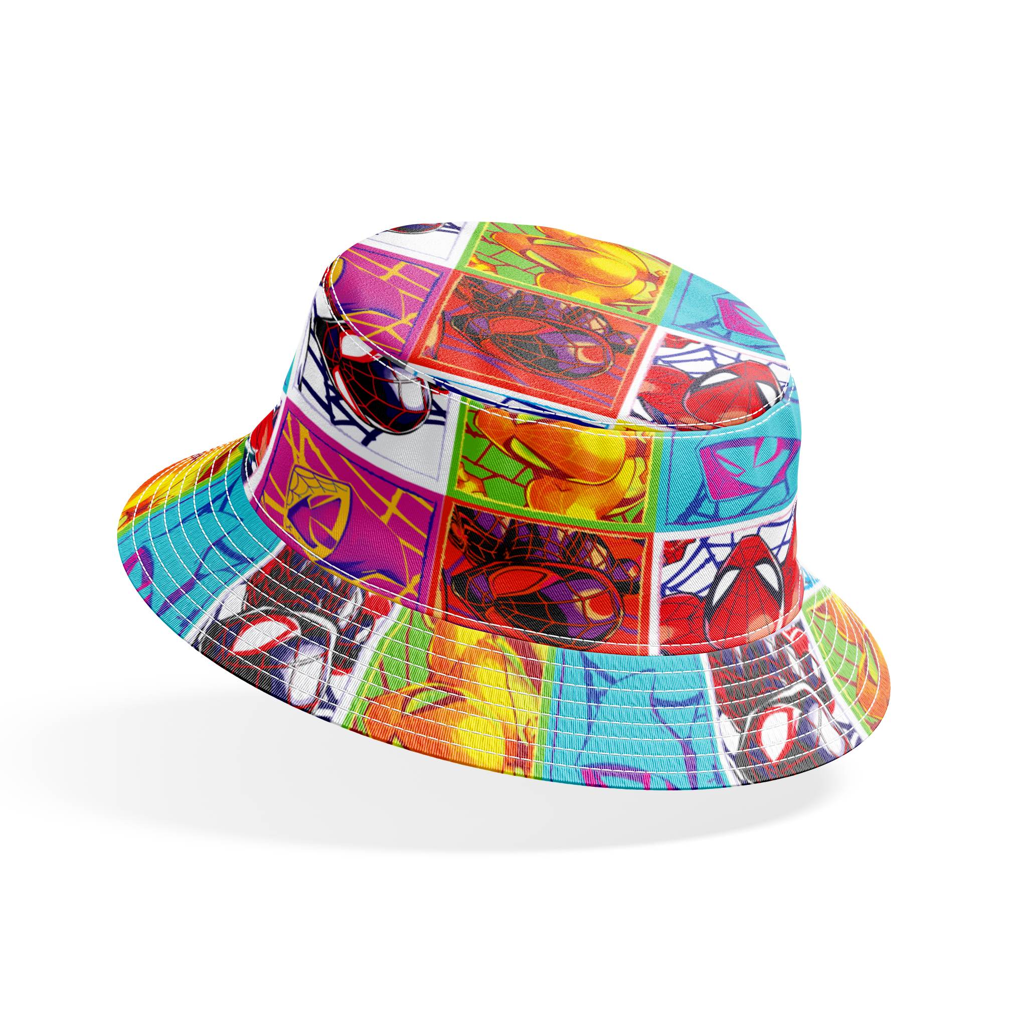 Colorful pop art grid of nine Spiderman designs in vibrant color schemes bucket hat mockup