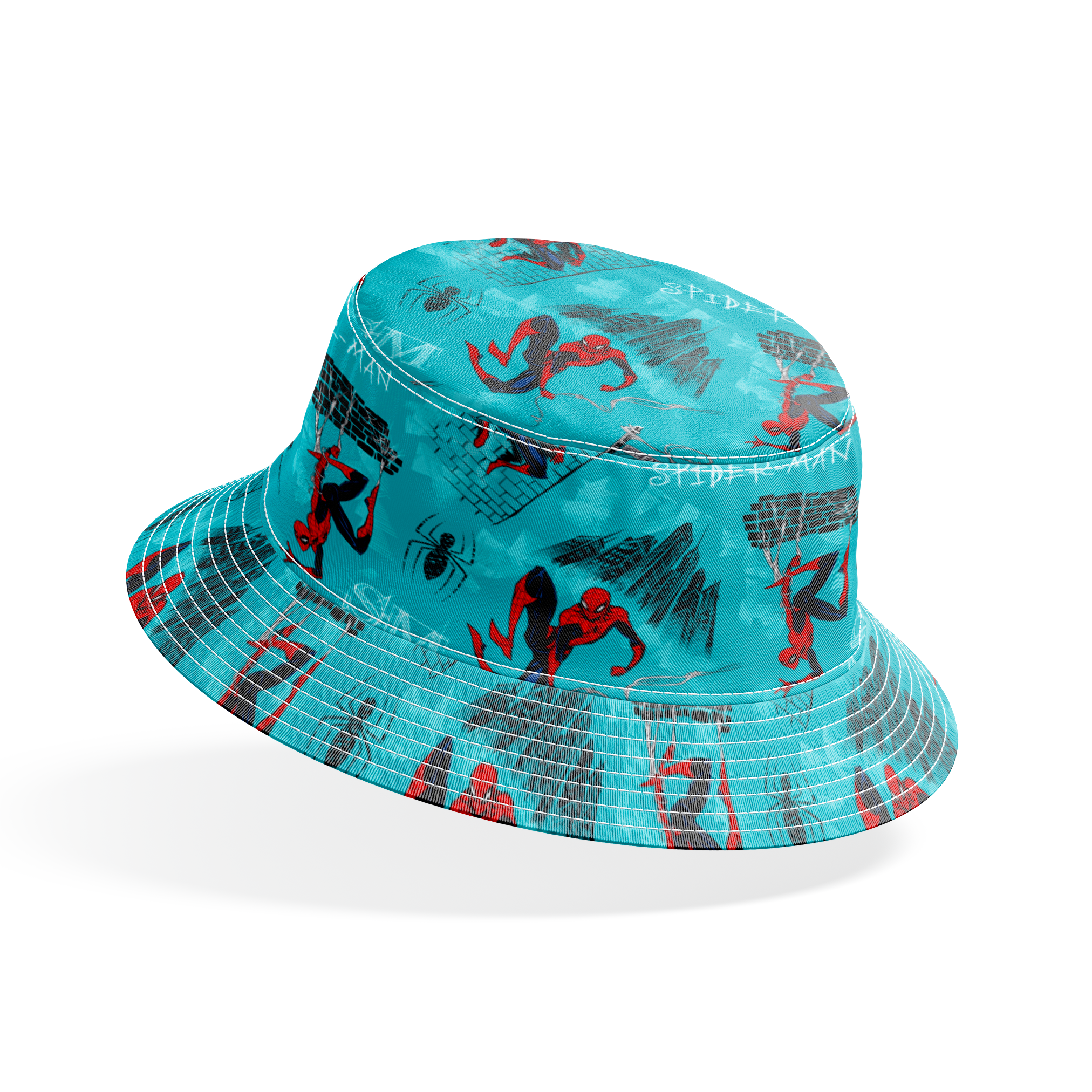 Spider-Man pattern on turquoise background with multiple poses, web designs, and logos bucket hat mockup