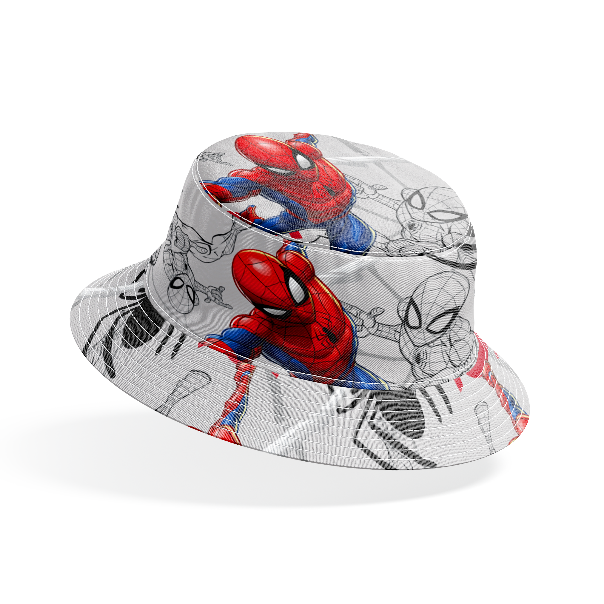 Spider-Man in various poses, including colored and line art illustrations on a red and gray background bucket hat mockup