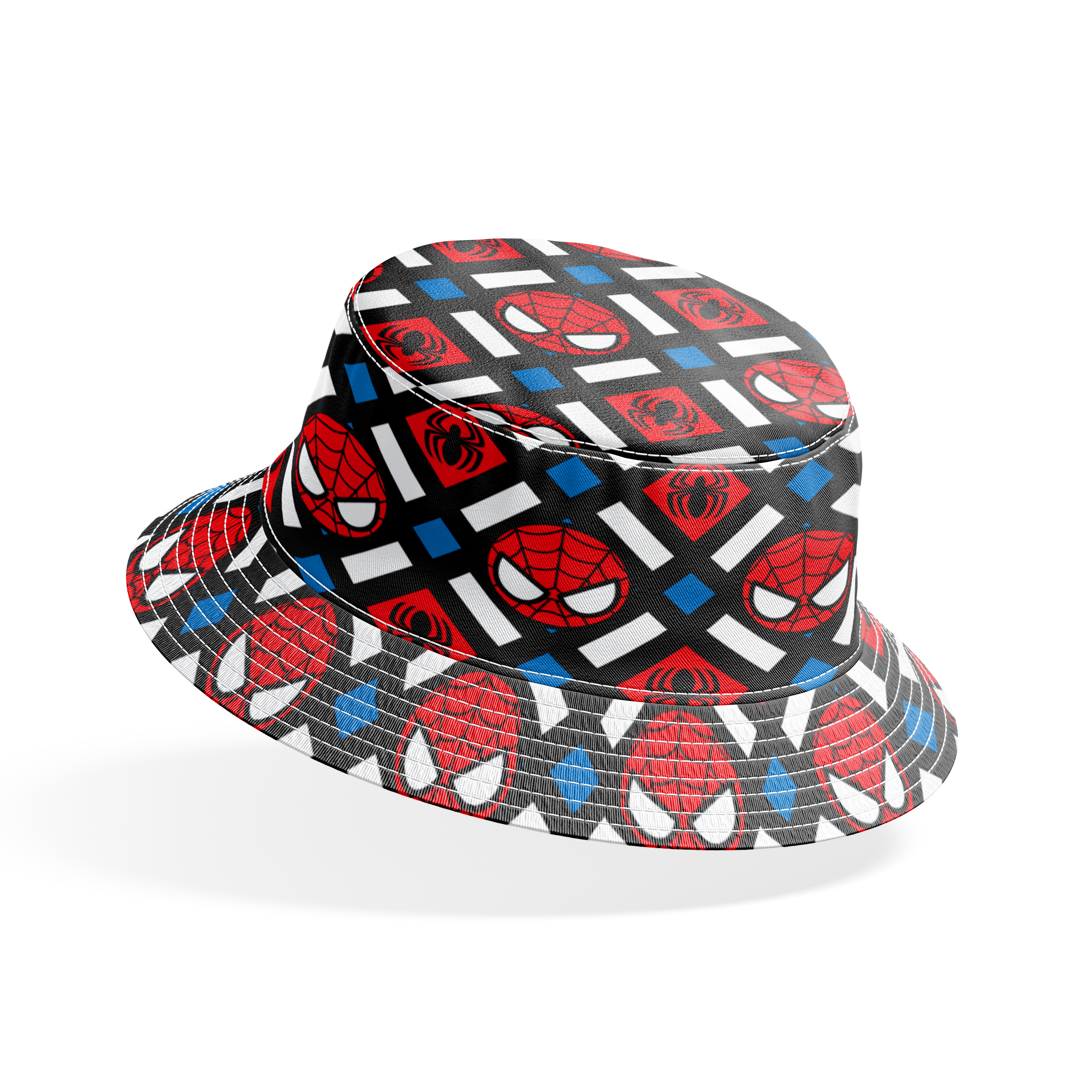 Spider-Man pattern with red masks, spider symbols, webs on black background with white X shapes and blue diamonds bucket hat mockup