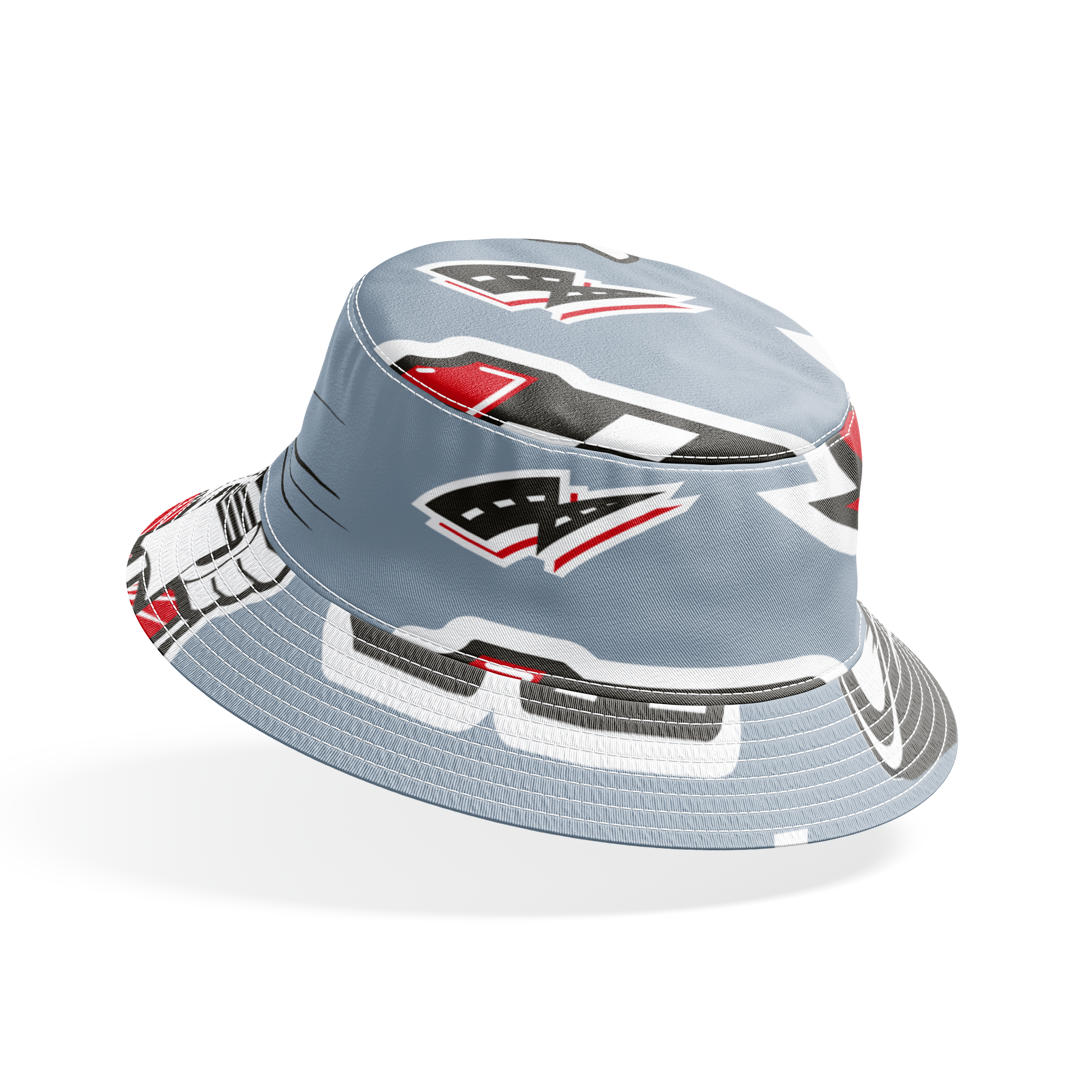 Racing pattern with red cars, checkered flags, speedometers, and racing emblems on gray background bucket hat mockup