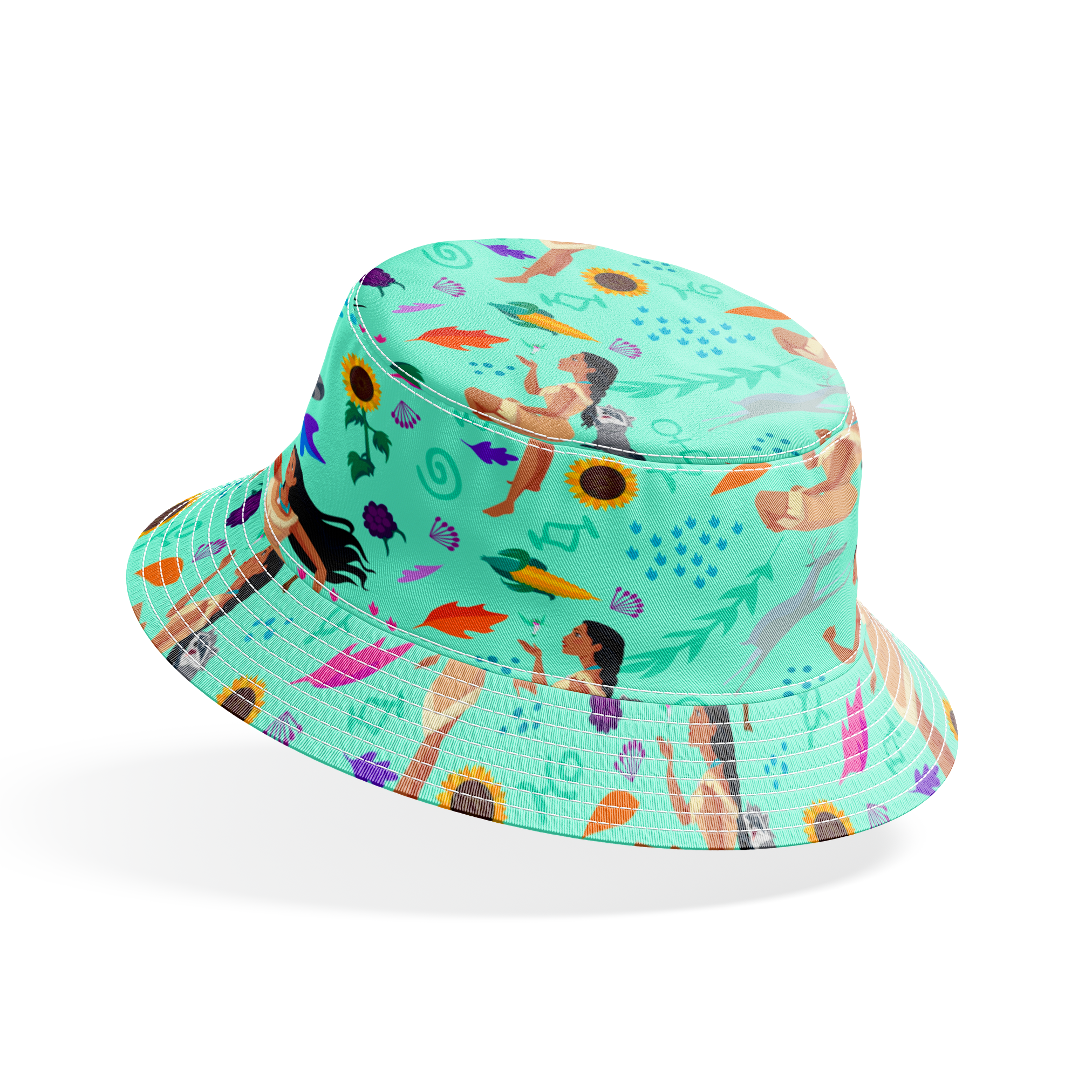 Colorful pattern with figures in nature motifs featuring sunflowers, leaves, and flowing design elements on turquoise background bucket hat mockup