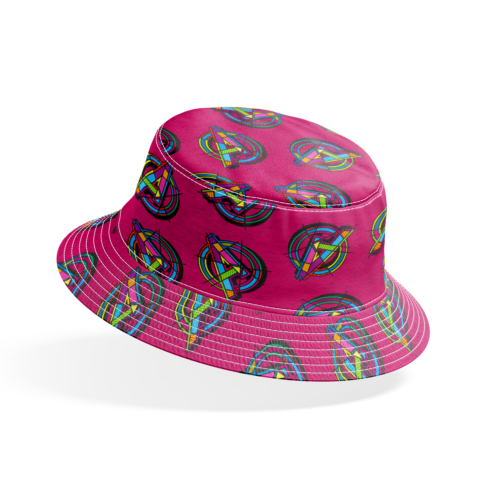 Vibrant Avengers pattern in neon colors on magenta background bucket hat mockup