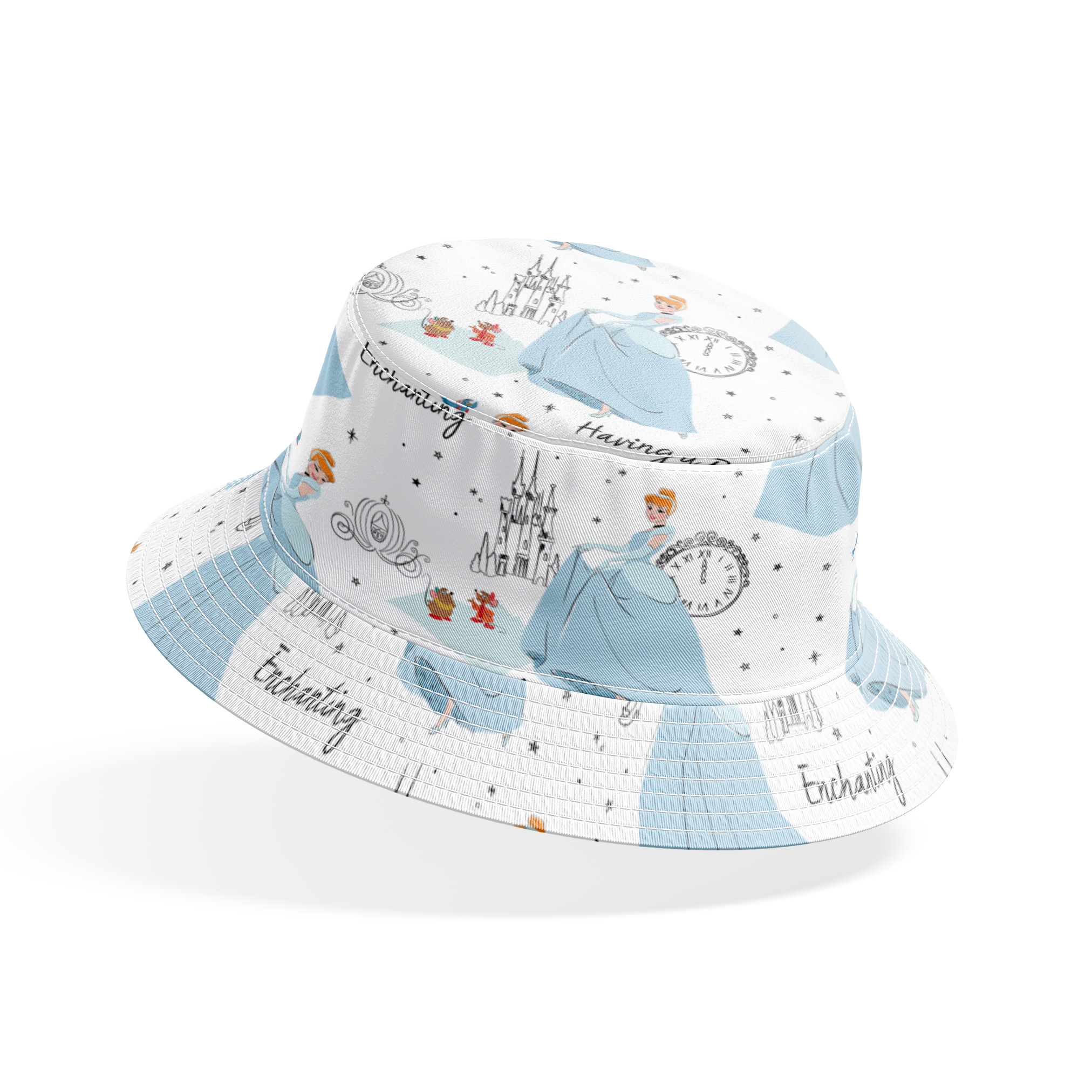 Whimsical pattern featuring cartoon princess in blue gown, clocks, castles, carriages and "Enchanting" text on white background bucket hat mockup