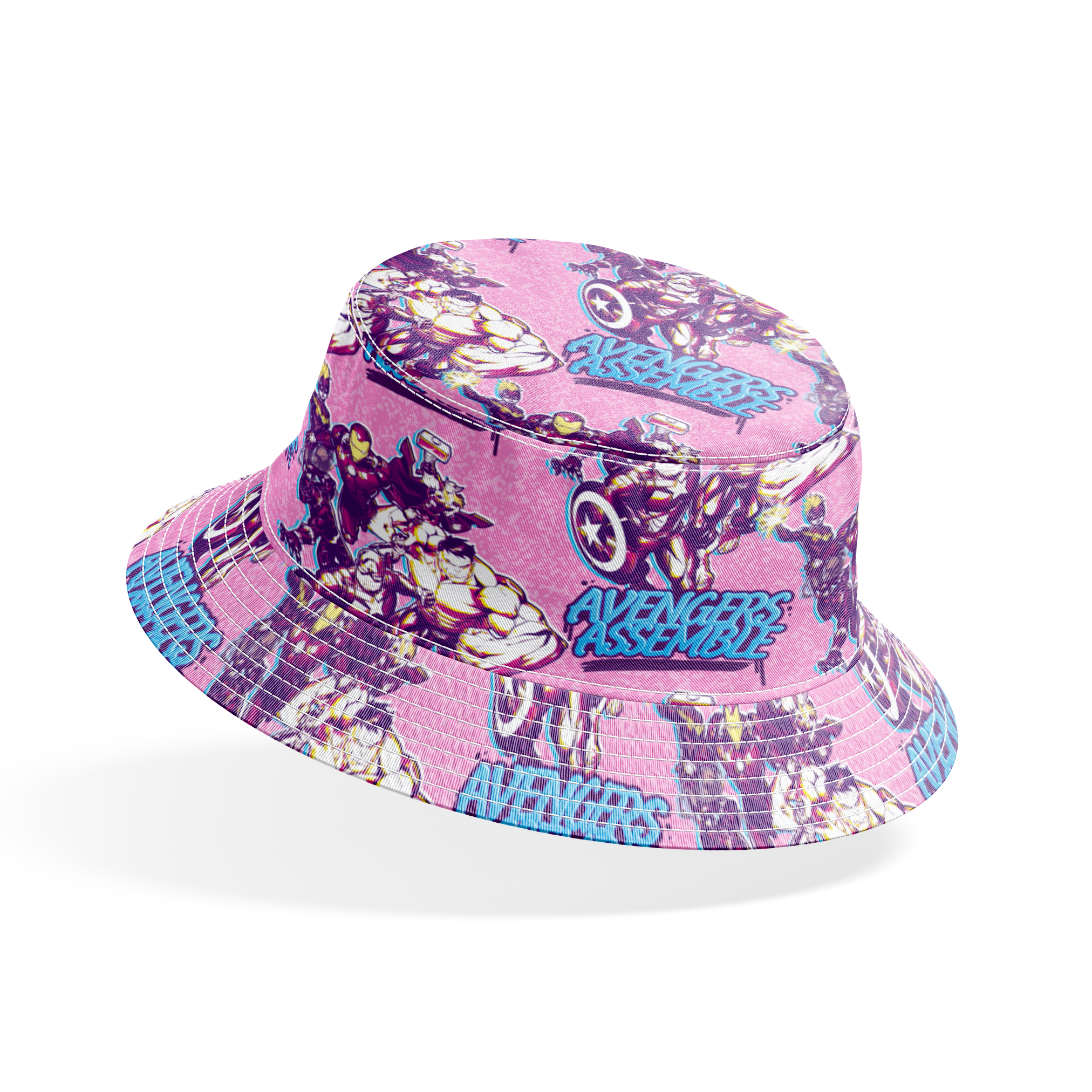 Avengers comic book characters pattern on purple background with "Avengers Assemble" text bucket hat mockup