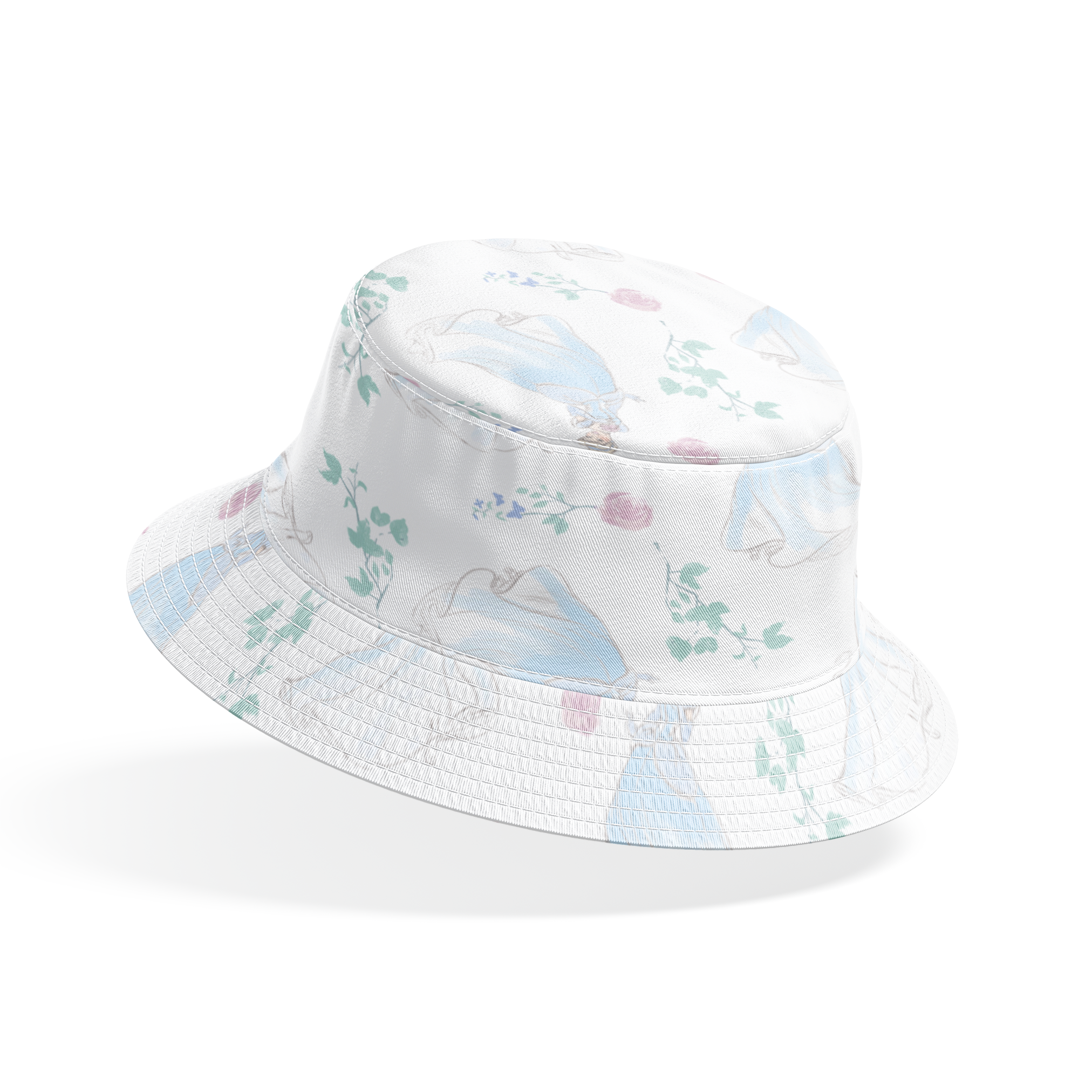Delicate pattern of flowing blue dresses, pink roses, and mint green foliage on a light background bucket hat mockup