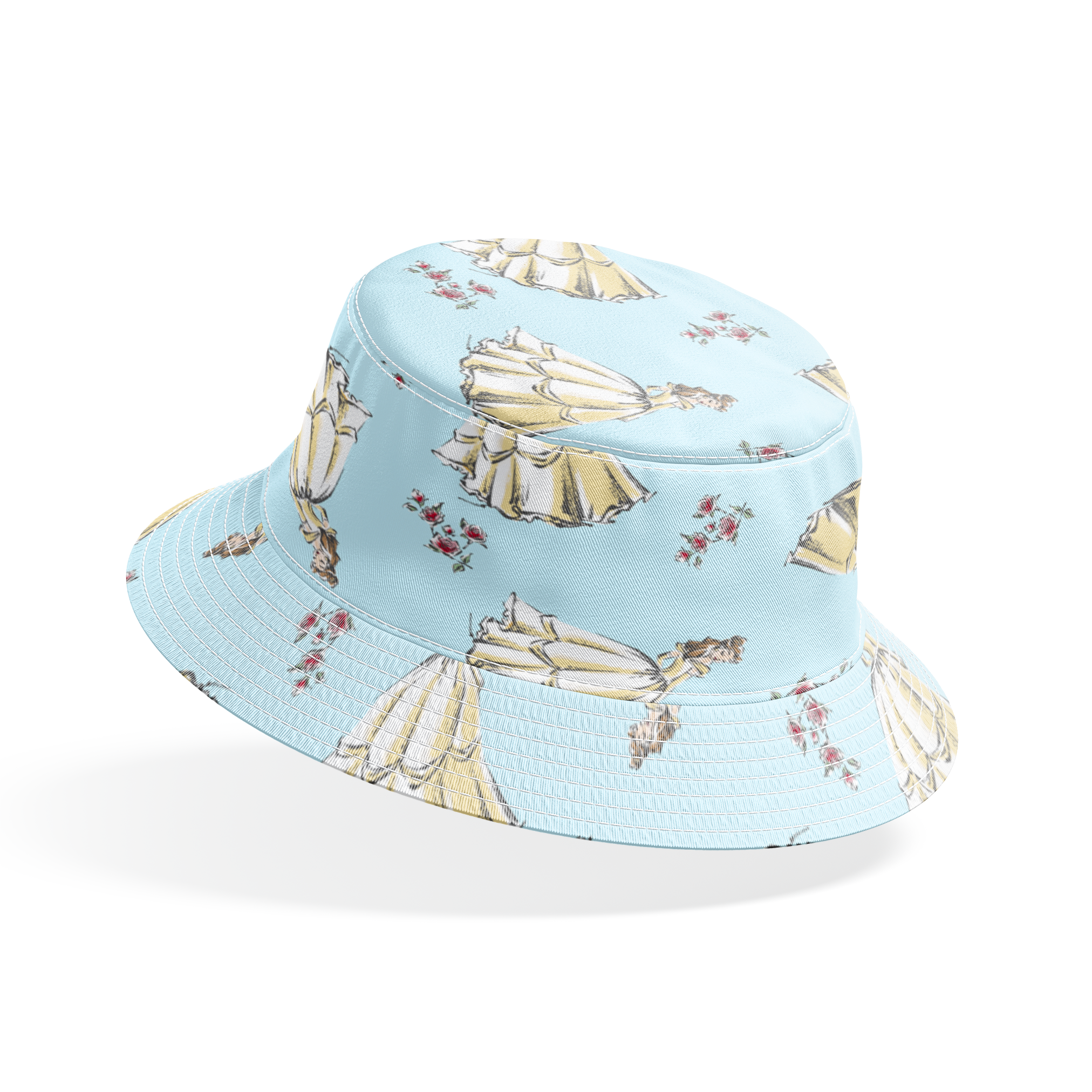 Light yellow pleated bell-shaped objects with small pink floral accents scattered on pale blue background bucket hat mockup