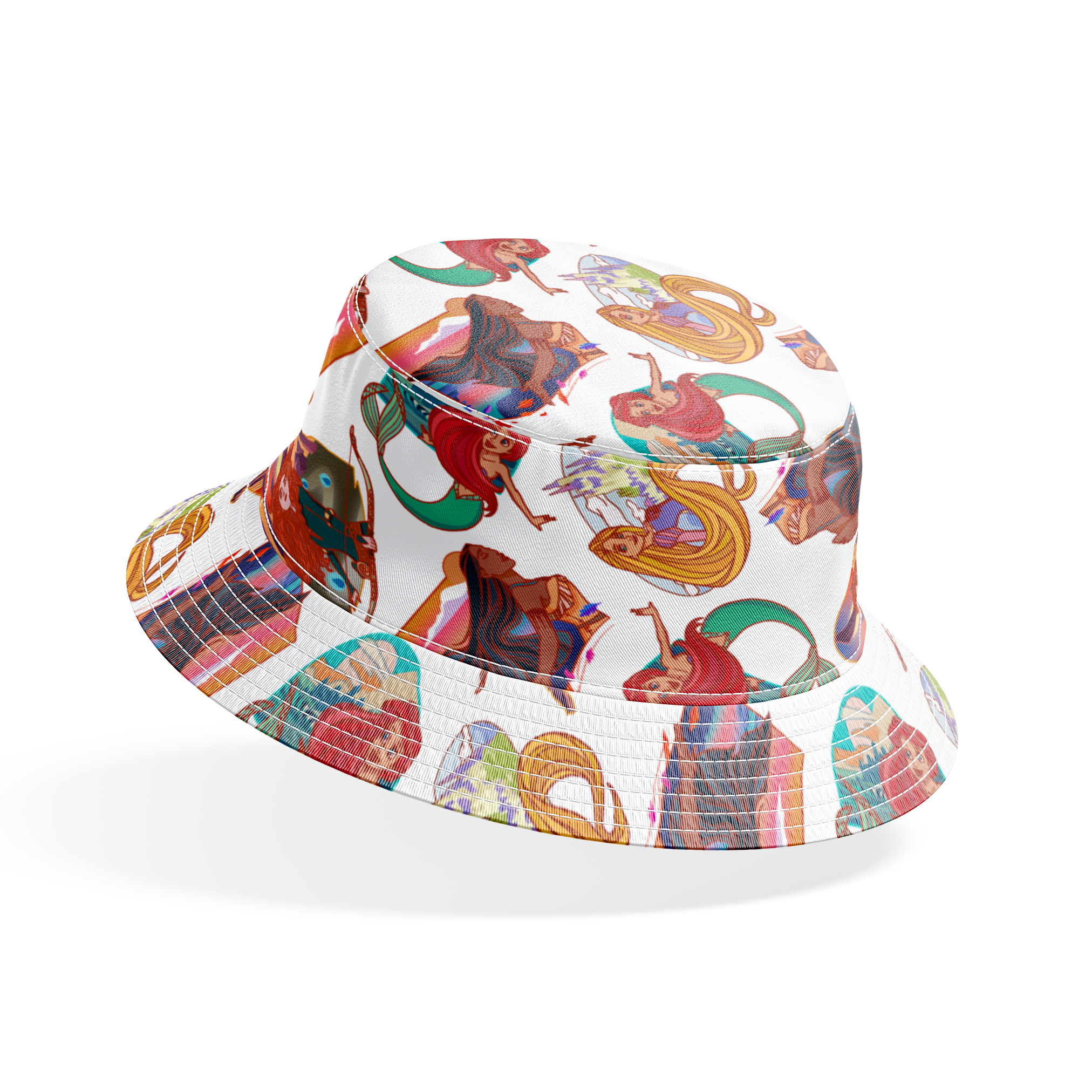 Colorful illustrated pattern of Disney princesses with curved decorative elements on white background bucket hat mockup