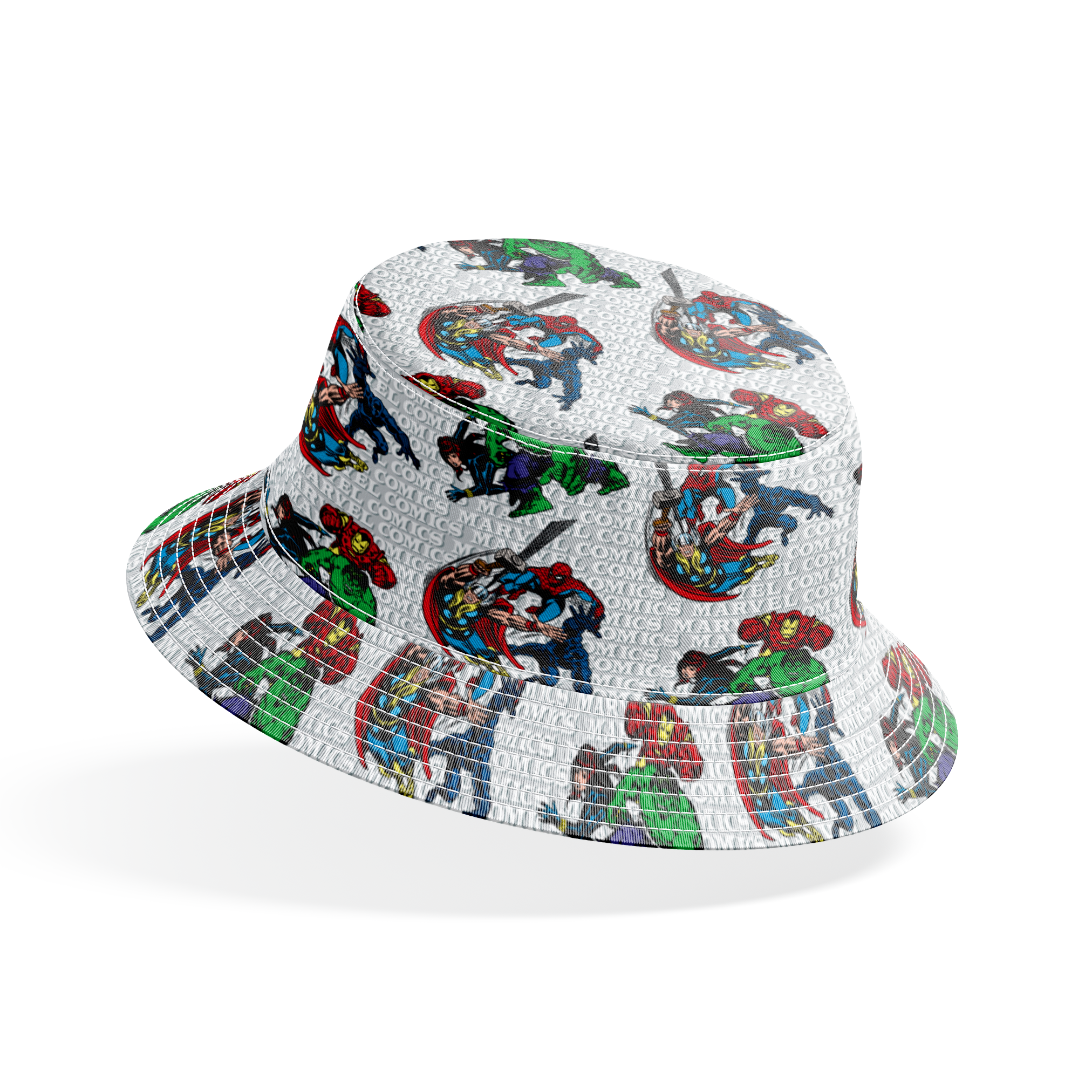 Marvel Comics superheroes pattern with Hulk, Iron Man, Captain America, and Spider-Man on a repeating text background. bucket hat mockup
