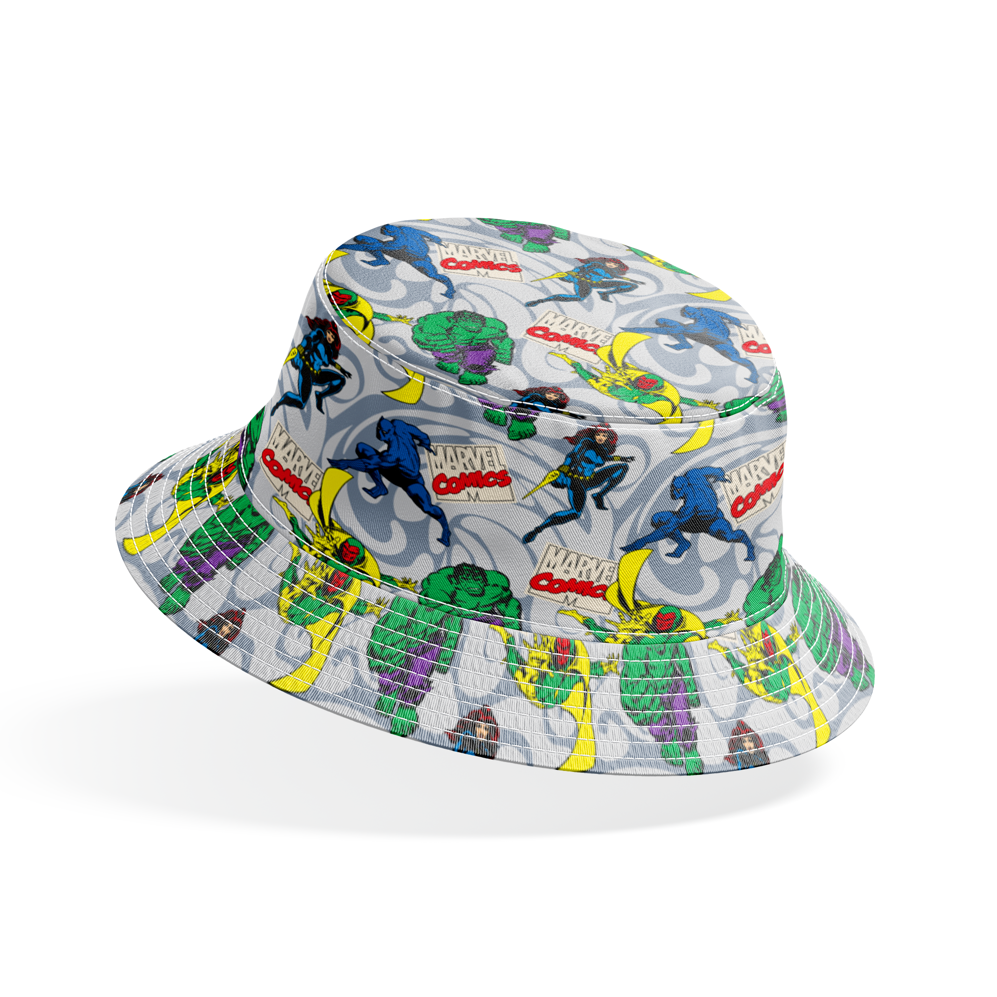 Marvel Comics characters including Hulk, Vision, and other superheroes on a gray background with Marvel Comics logos bucket hat mockup