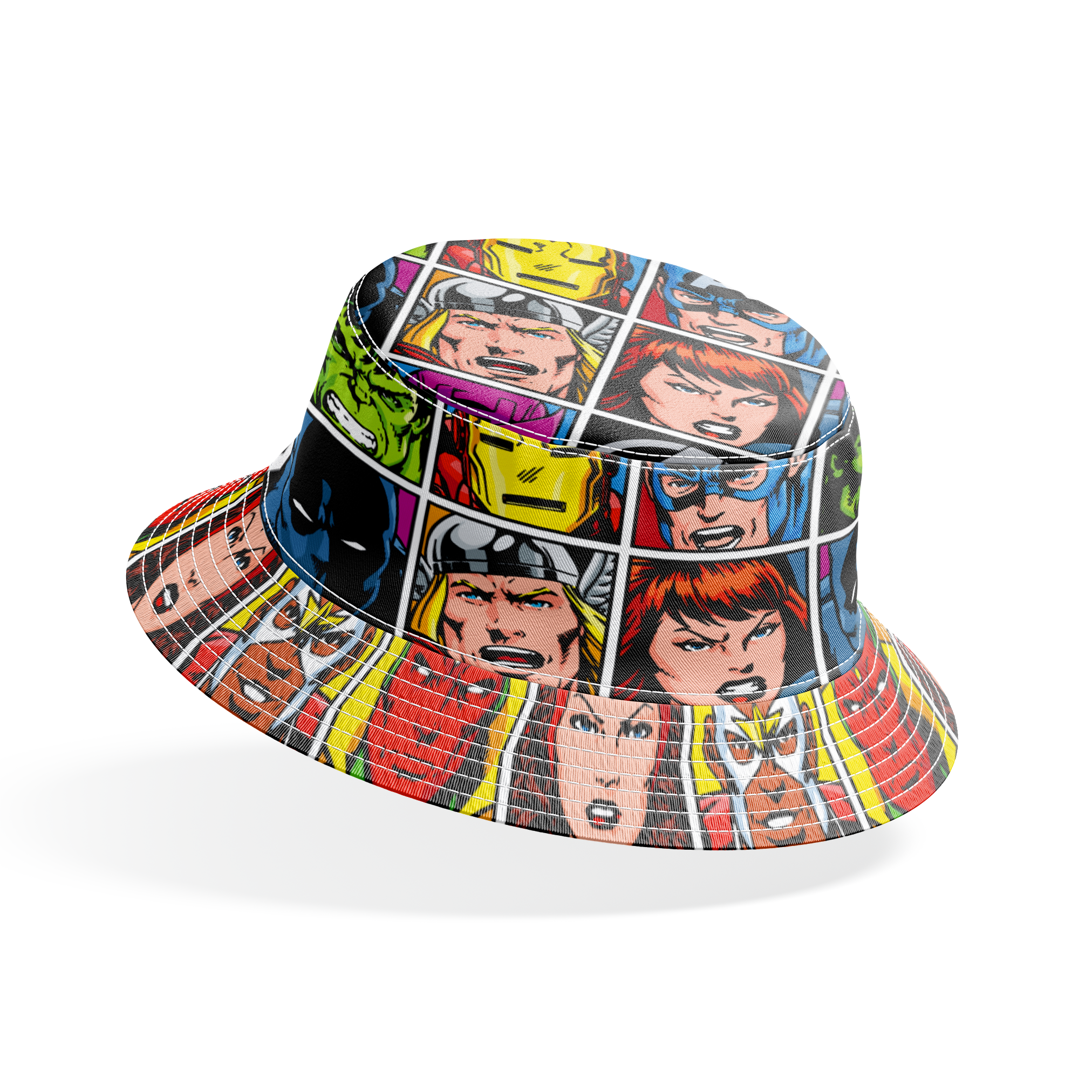 Marvel Avengers character portraits in comic style grid with colorful backgrounds showing superheroes and their iconic looks. bucket hat mockup
