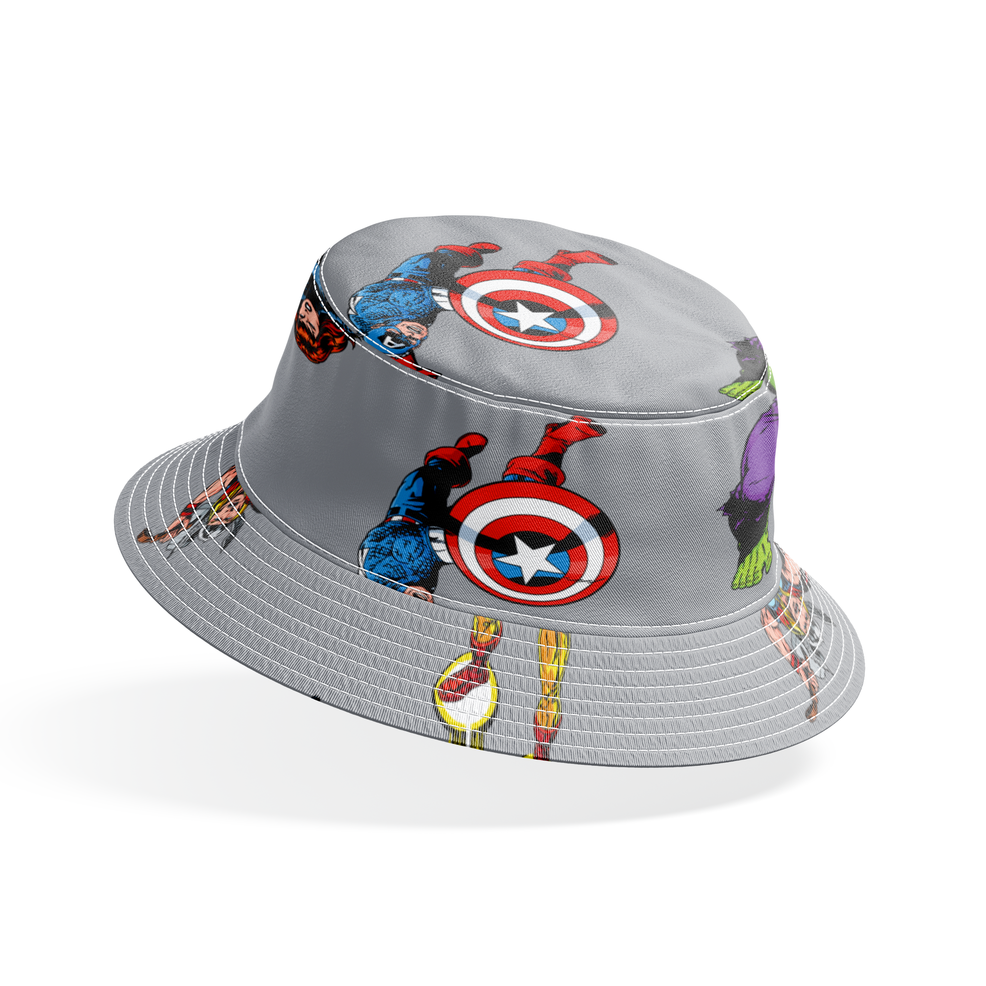 Marvel superheroes pattern with Hulk, Thor, Captain America, and Iron Man on gray background bucket hat mockup