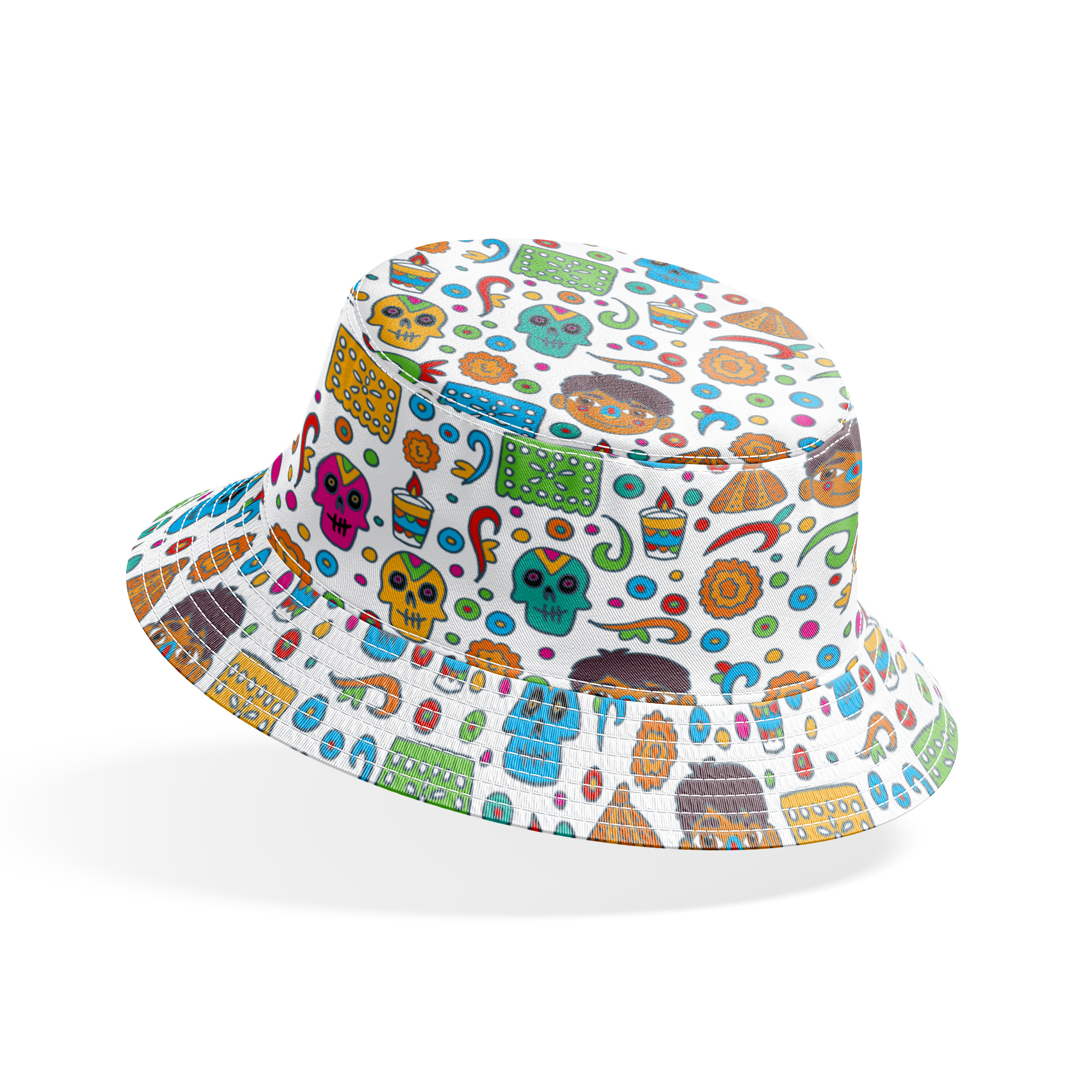 Colorful Coco pattern with sugar skulls, pyramids, swirls, flowers, and cartoon characters on white background bucket hat mockup
