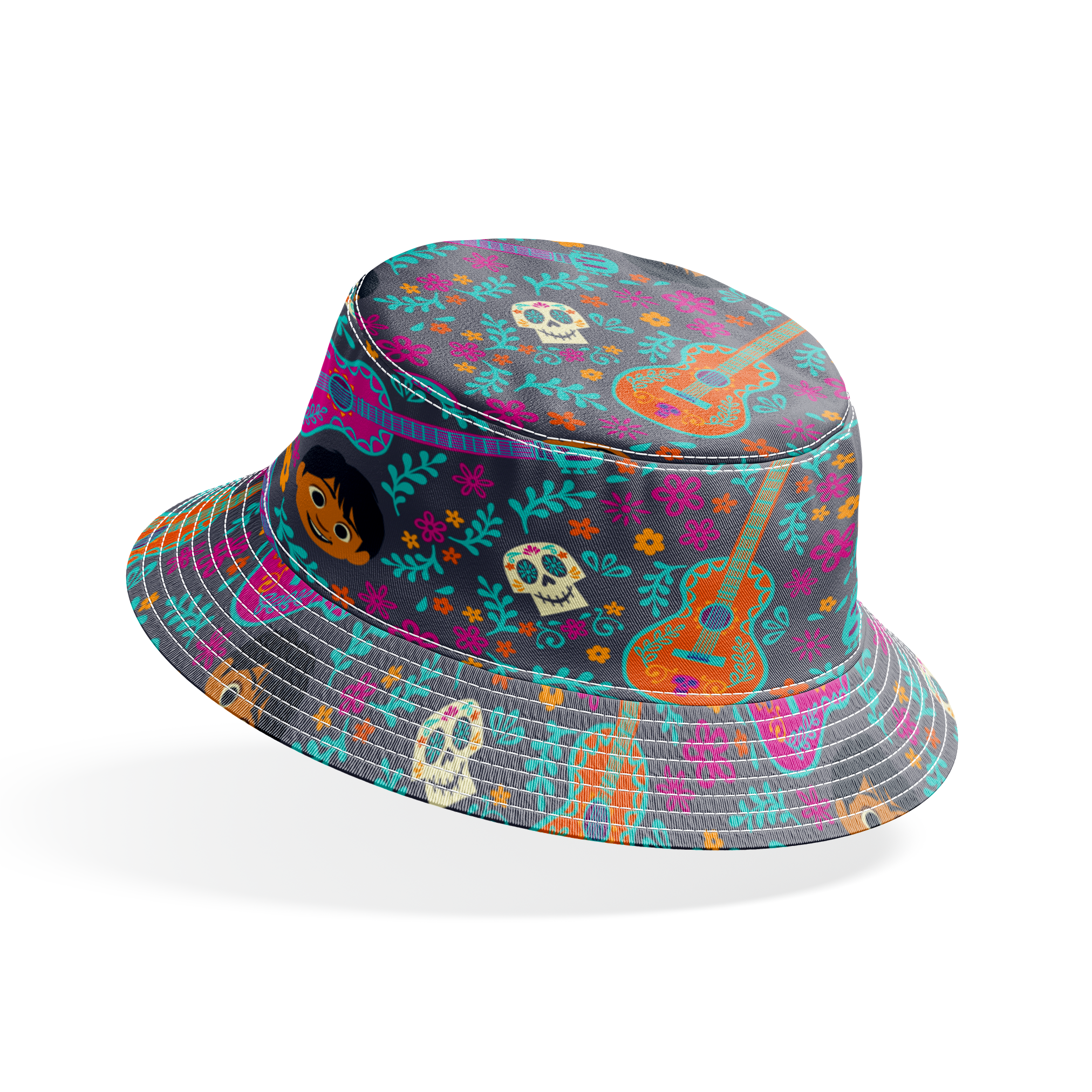 Colorful Coco pattern with decorative guitars, sugar skulls, cartoon characters, and floral elements on teal background. bucket hat mockup