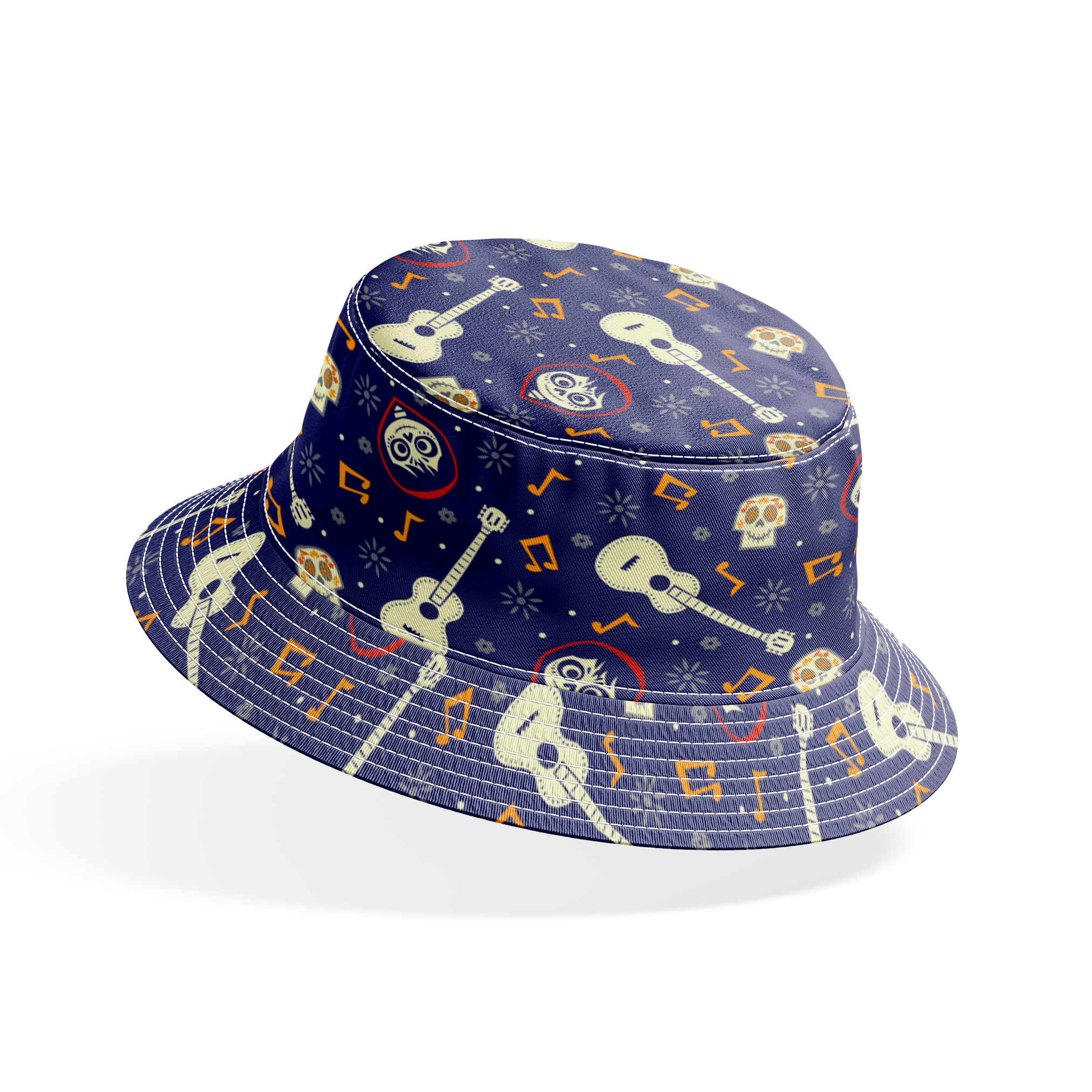 Coco dark blue pattern with white acoustic guitars, decorative skulls, orange musical notes, and circular designs scattered across a starry background. bucket hat mockup