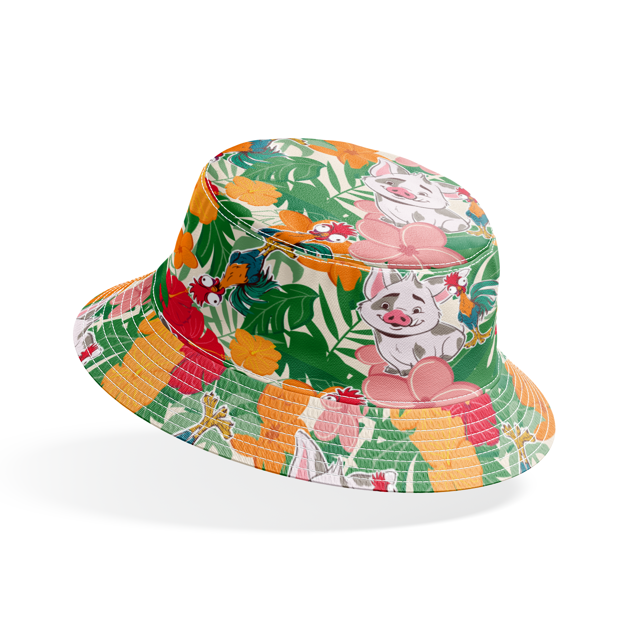 Cartoon pigs peeking through vibrant tropical flowers in red, orange, yellow, and pink among green foliage bucket hat mockup