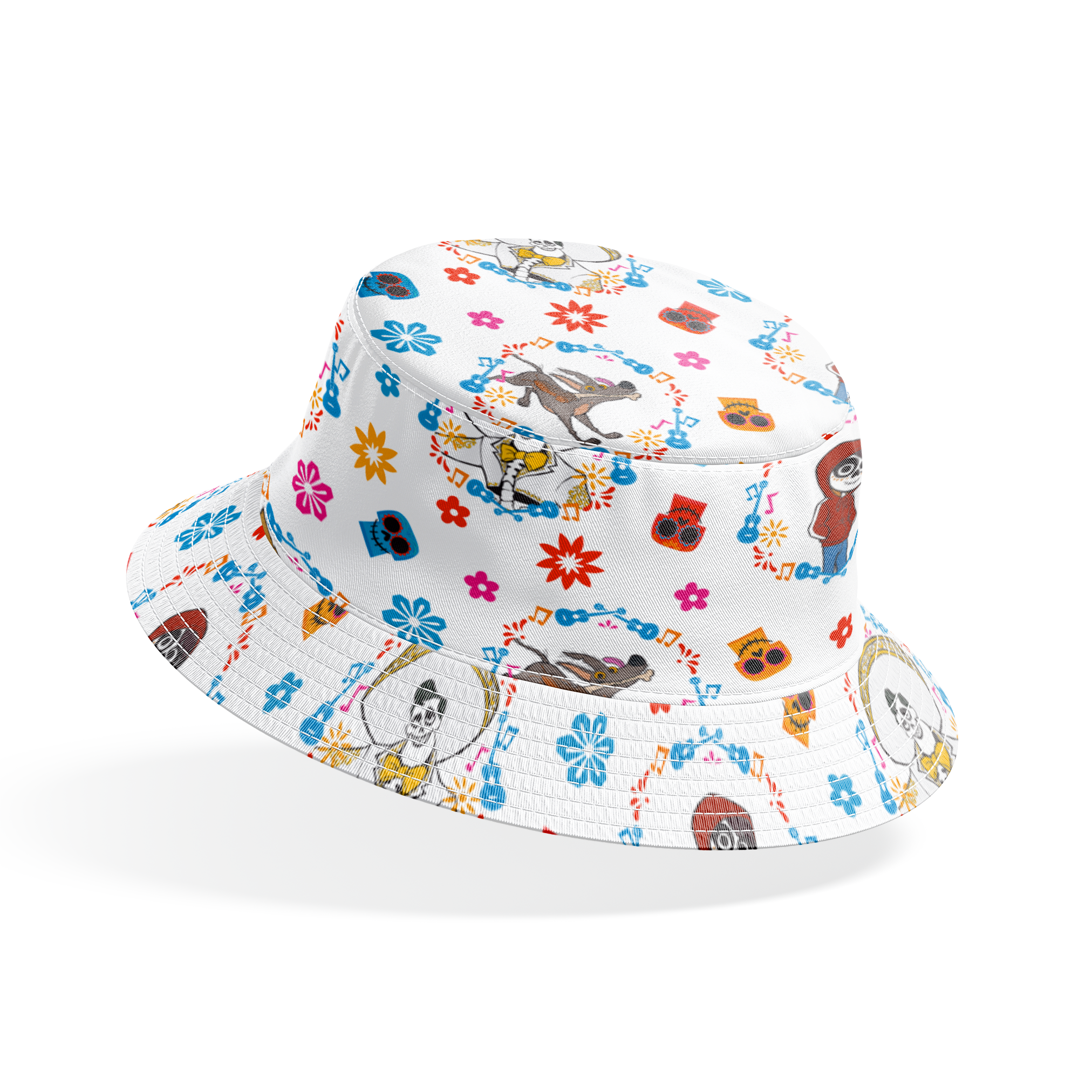 Colorful Coco pattern with Day of the Dead skeleton characters in floral wreaths, sugar skulls, and bright flowers on white background bucket hat mockup