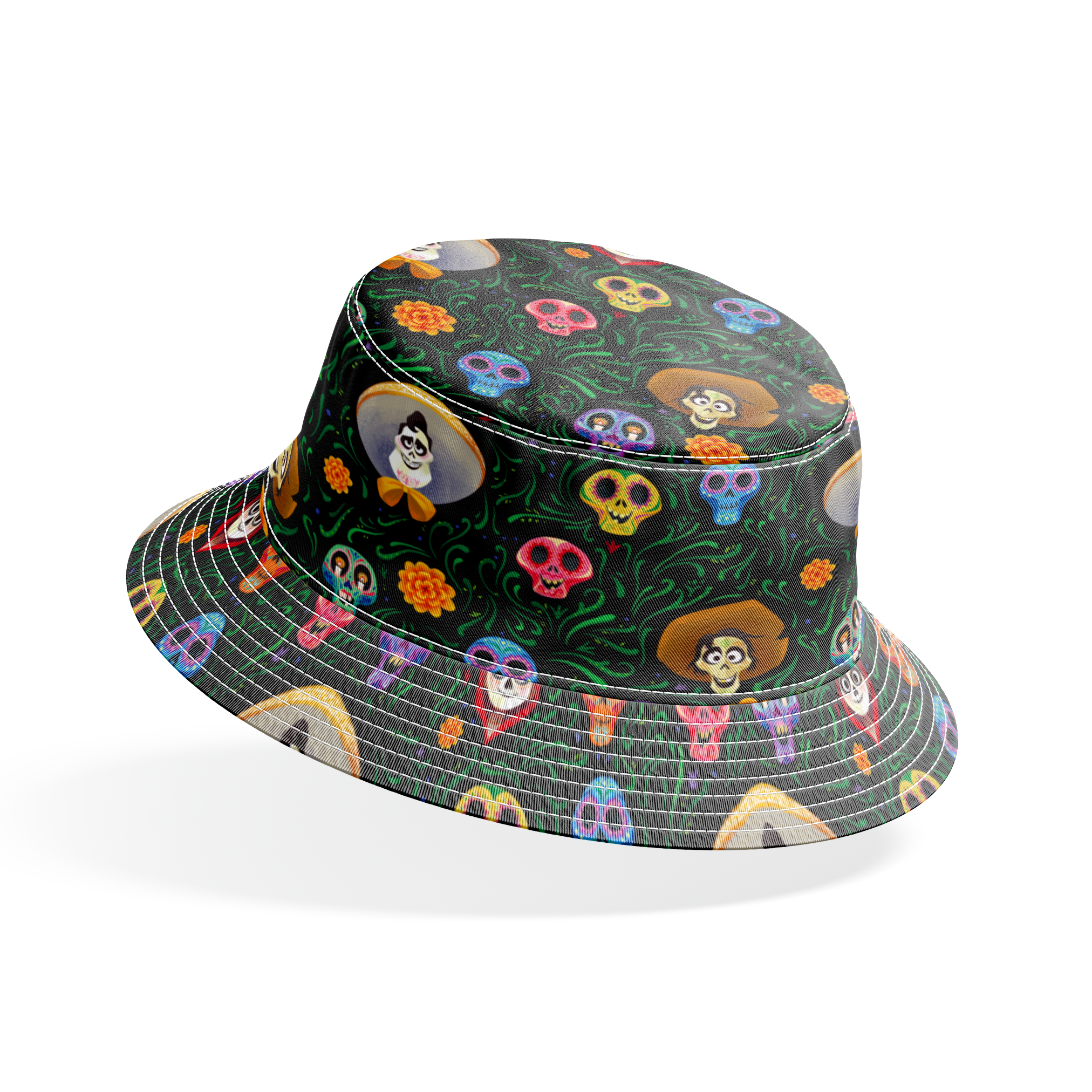 Colorful Coco stylized sugar skulls with sombreros scattered among green vines and orange flowers on black background bucket hat mockup