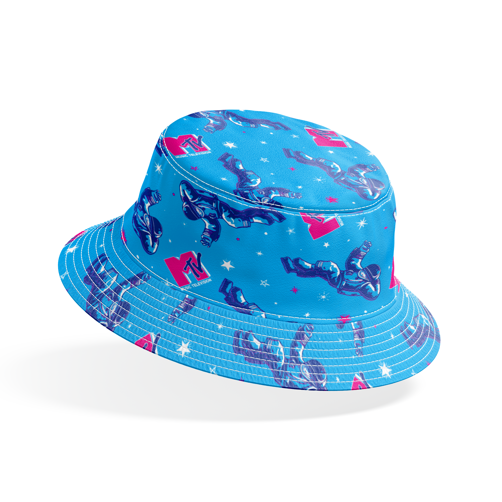 Seamless blue background pattern with metallic blue boot shapes and hot pink gift boxes among white stars bucket hat mockup