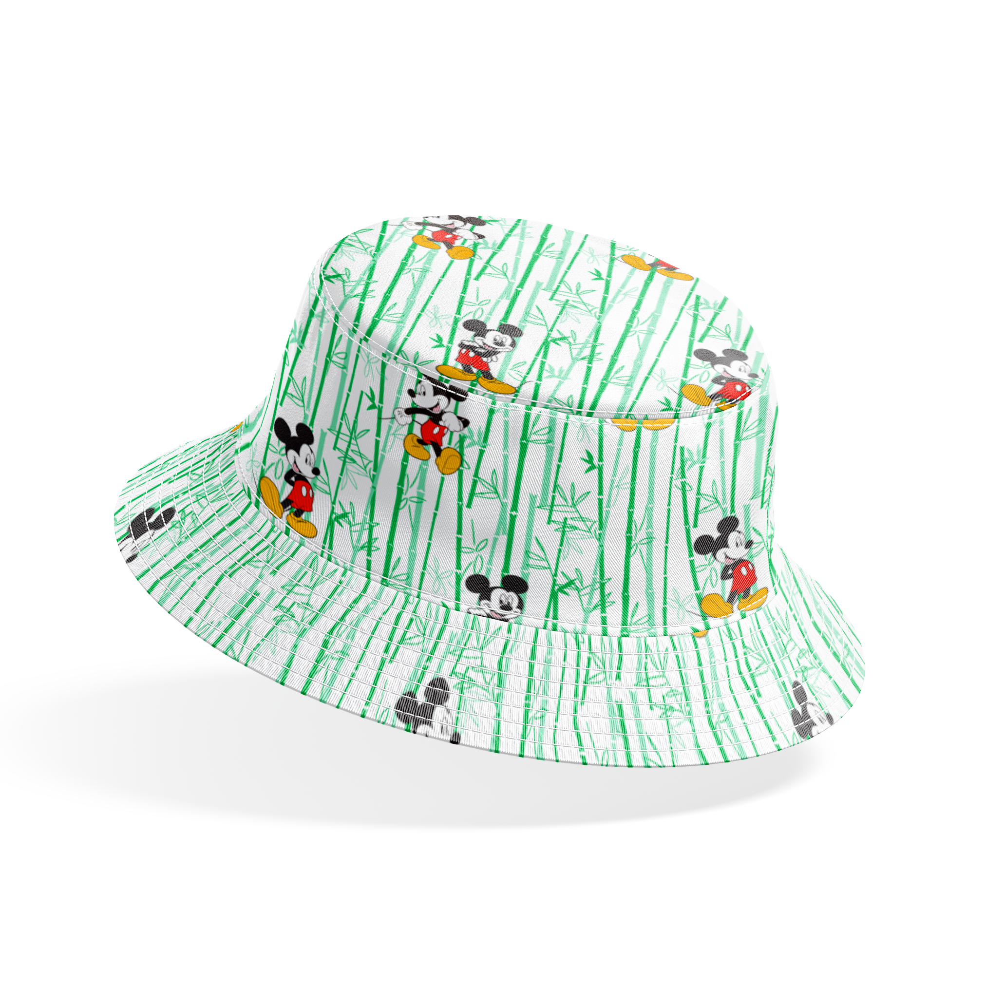 Cartoon mouse character pattern on white background with green vertical stripes bucket hat mockup