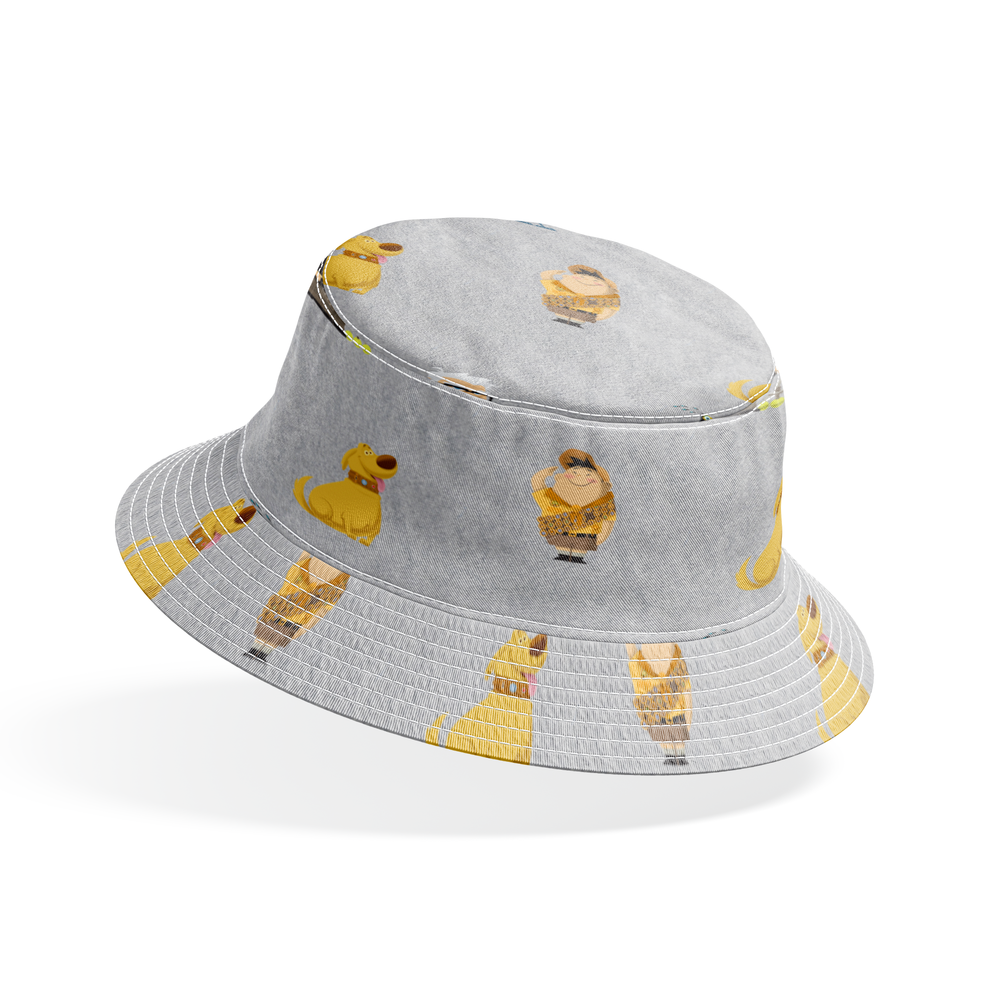 Up pattern with wilderness explorer characters, yellow birds, and colorful details on gray background bucket hat mockup