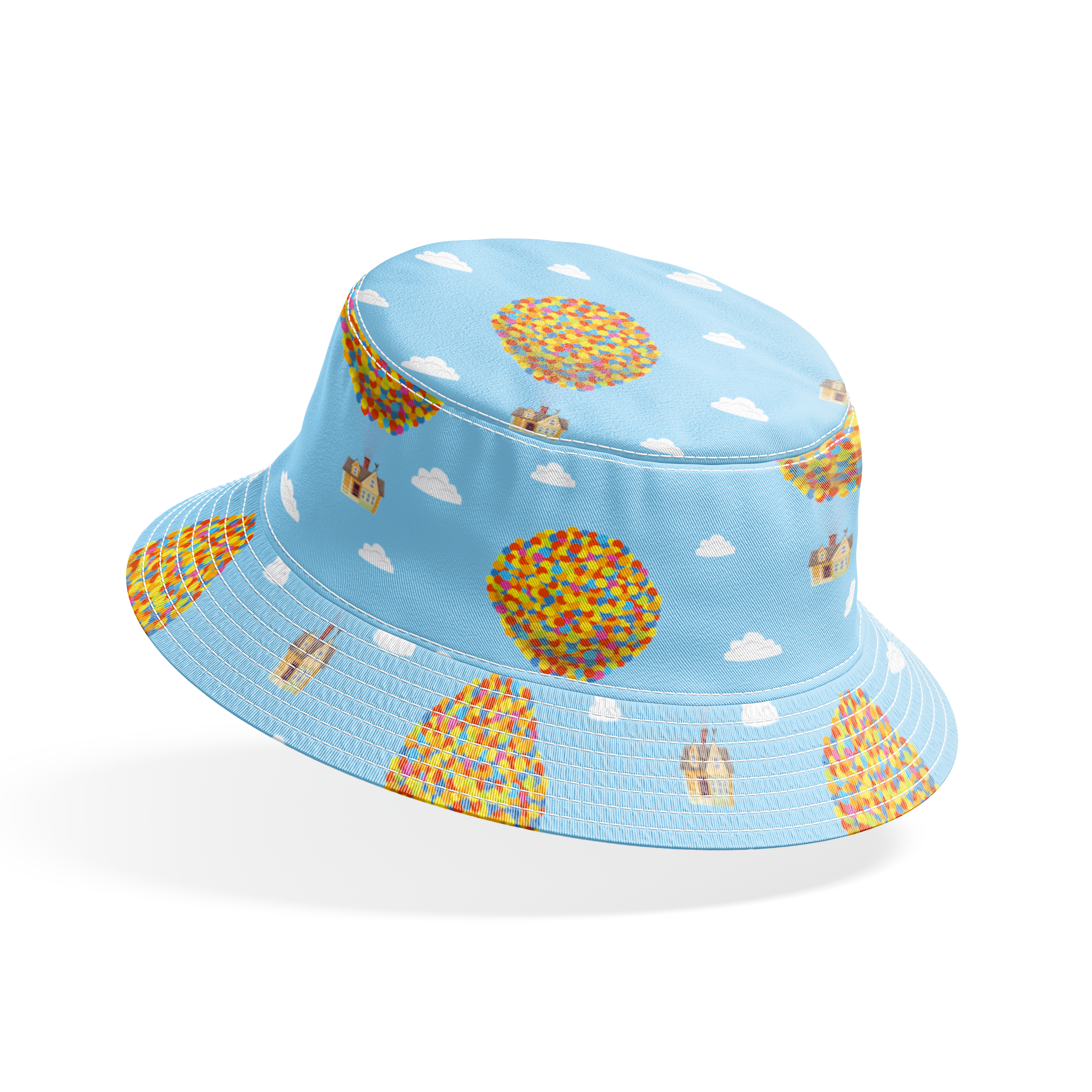 Repeating Up pattern of houses lifted by colorful balloon clusters against a light blue sky with white clouds bucket hat mockup
