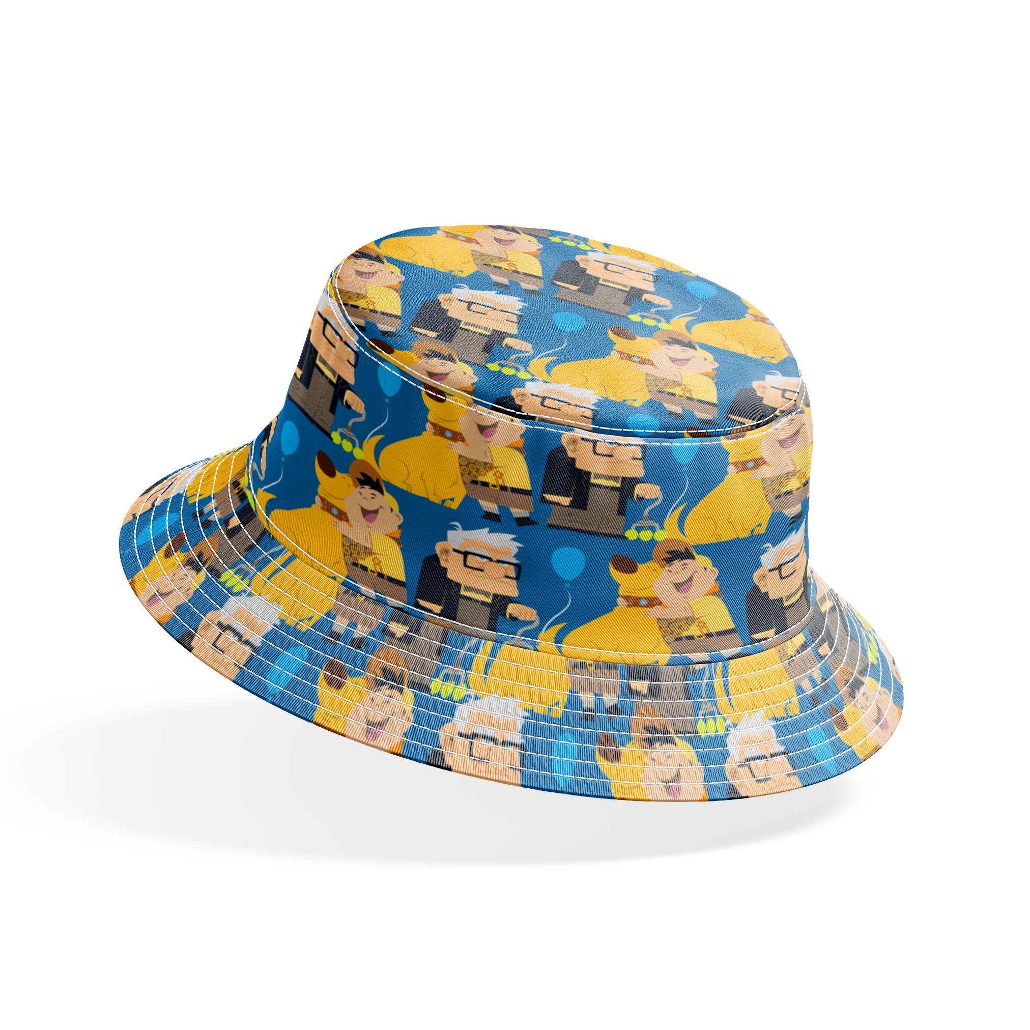 Cartoon pattern featuring characters from Pixar's "Up" with blue balloons, yellow dogs, and scouts bucket hat mockup