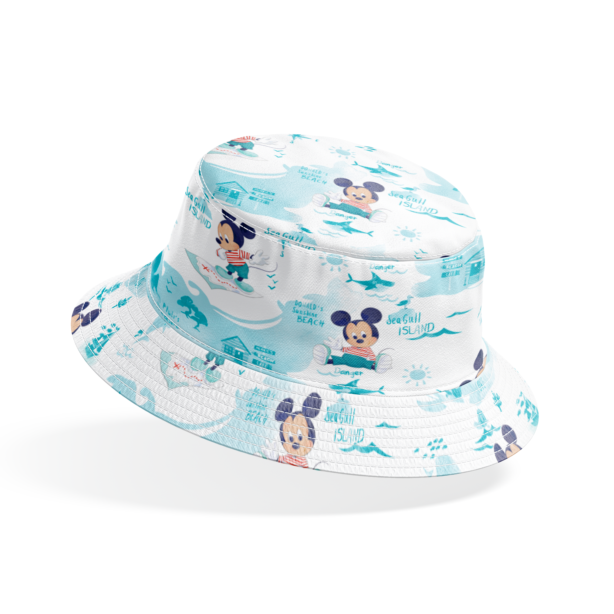 Cartoon Mickey Mouse pattern with turquoise ocean elements, sharks, waves, and "Safari" text bucket hat mockup
