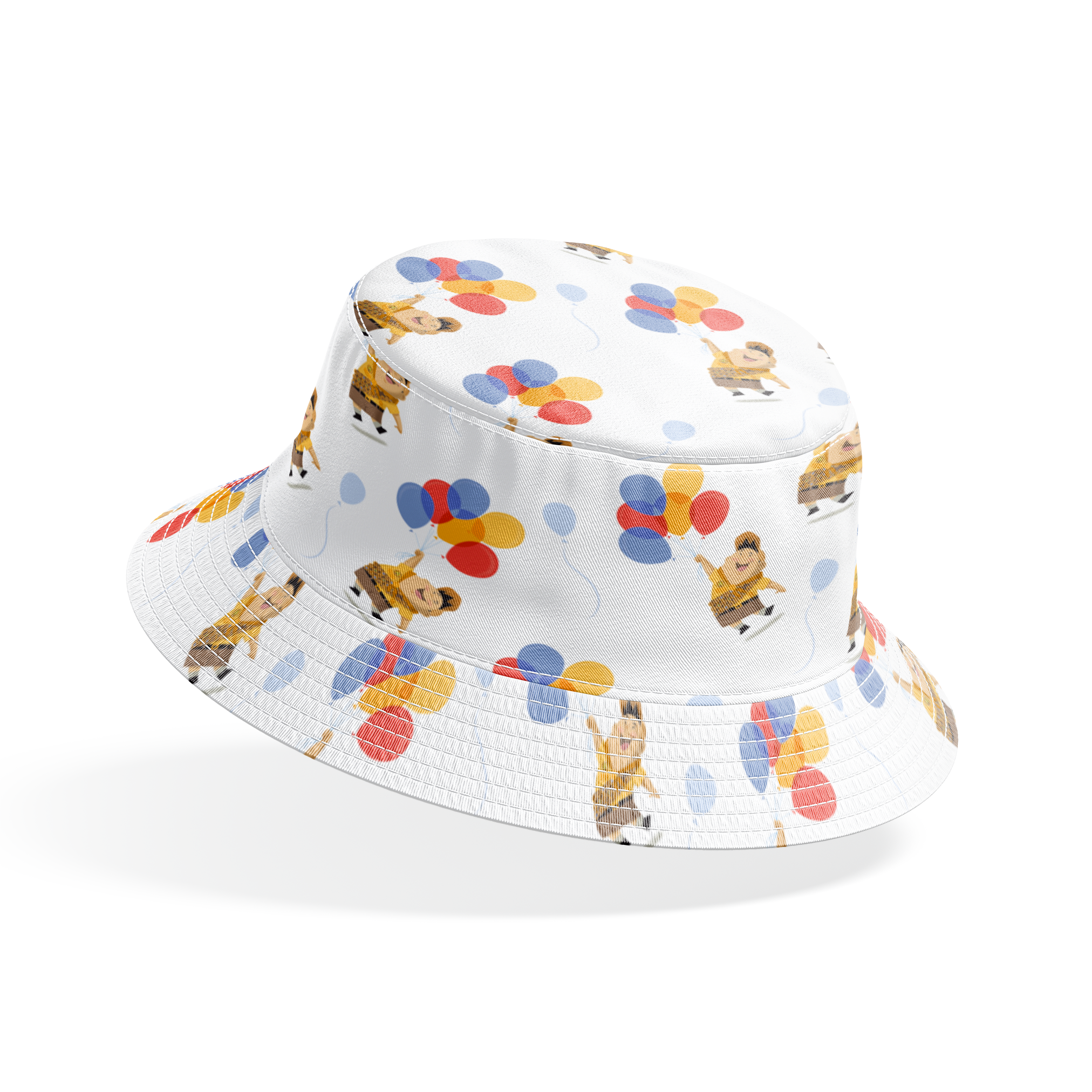 Up's Russell in explorer outfit floating with colorful balloons on white background pattern bucket hat mockup