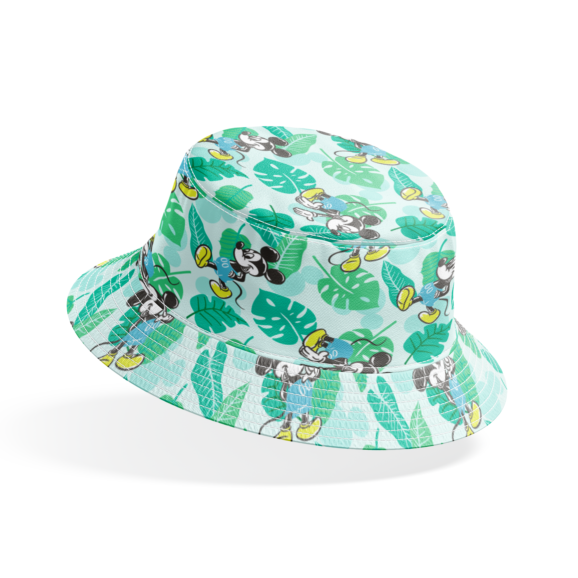 Colorful pattern with cartoon mice characters and tropical green leaves on a light blue background bucket hat mockup