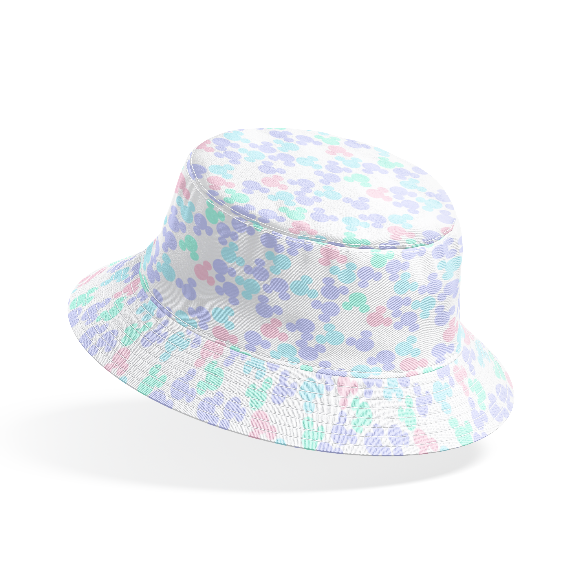 Pastel circular pattern with purple, light blue, green, and pink bubble shapes on white background bucket hat mockup