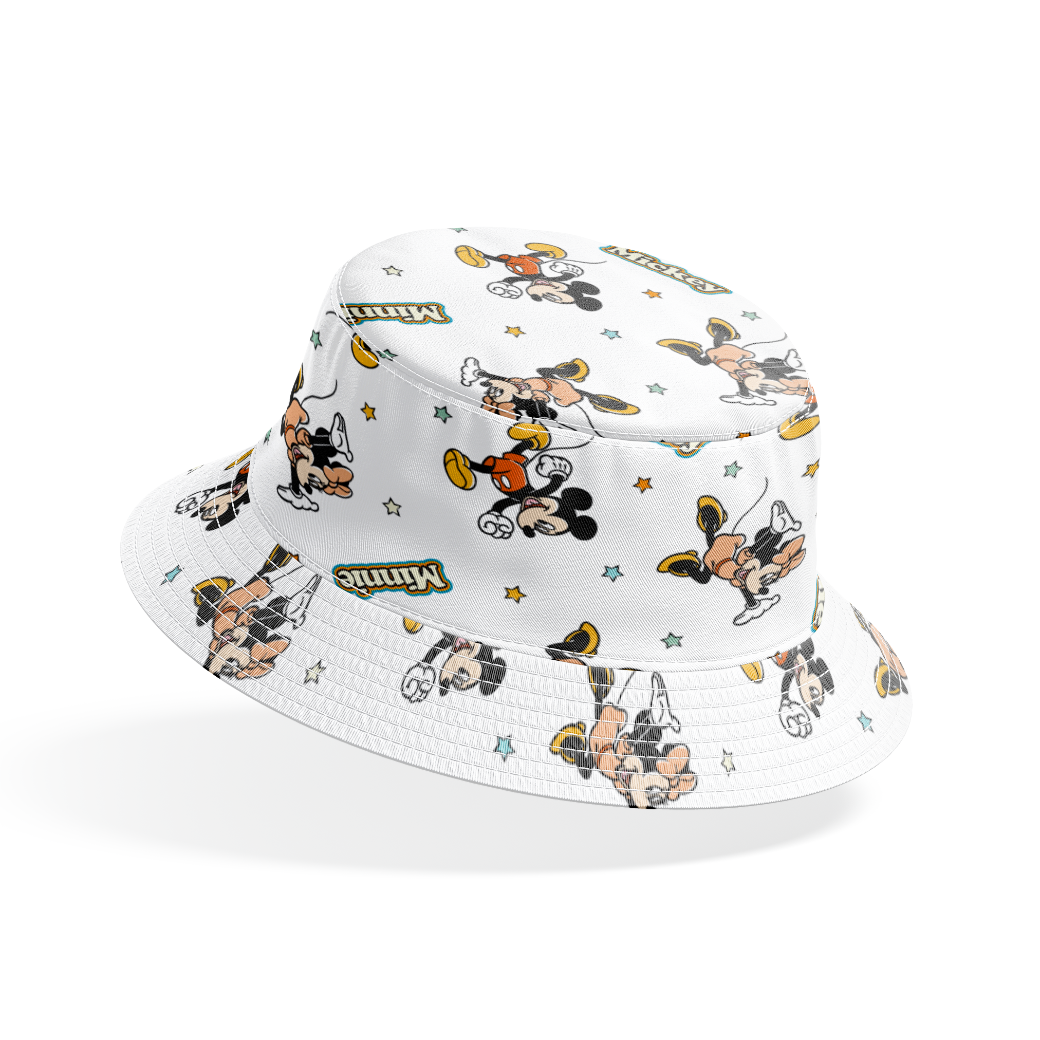 Pattern of cartoon Disney characters including Mickey Mouse and Minnie with yellow stars on white background bucket hat mockup