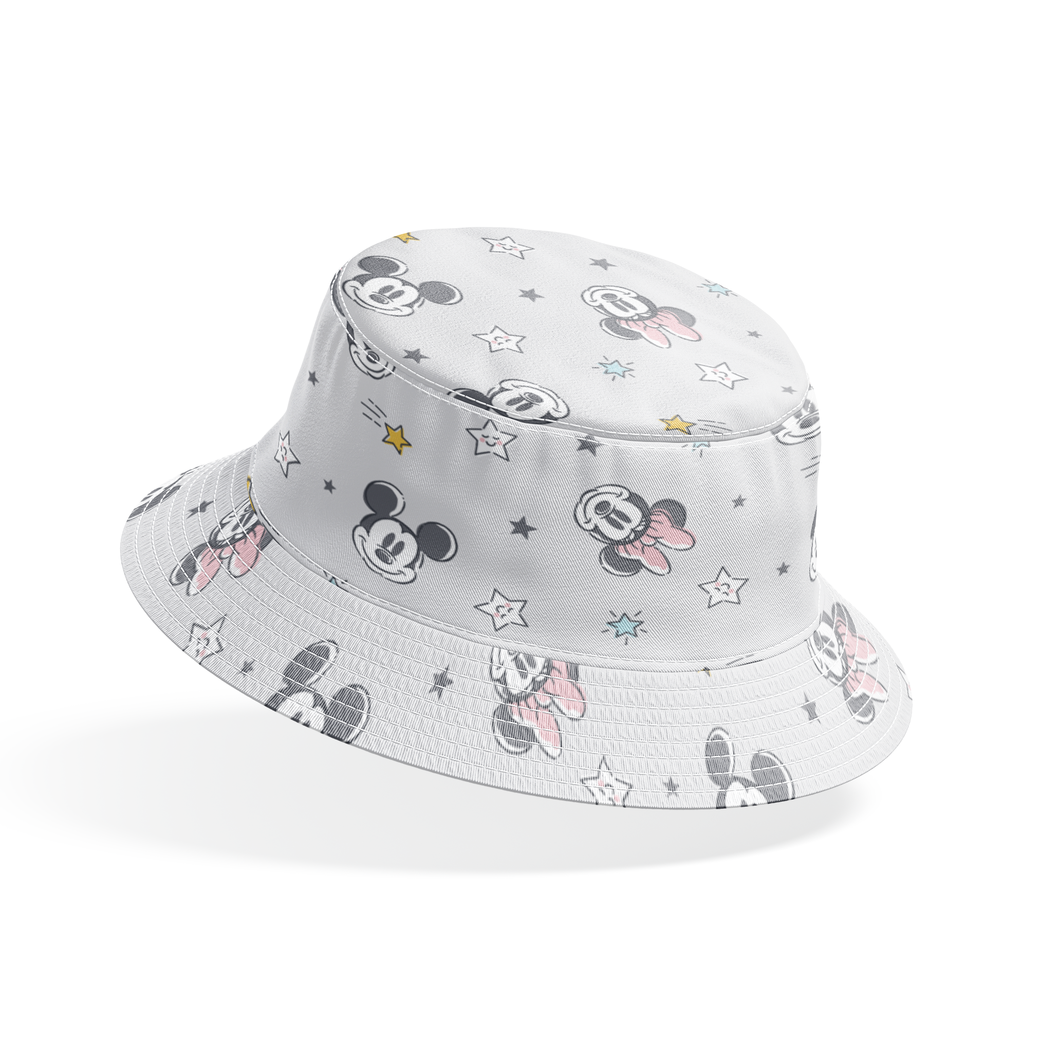 Mickey and Minnie Mouse pattern with stars on light gray background bucket hat mockup