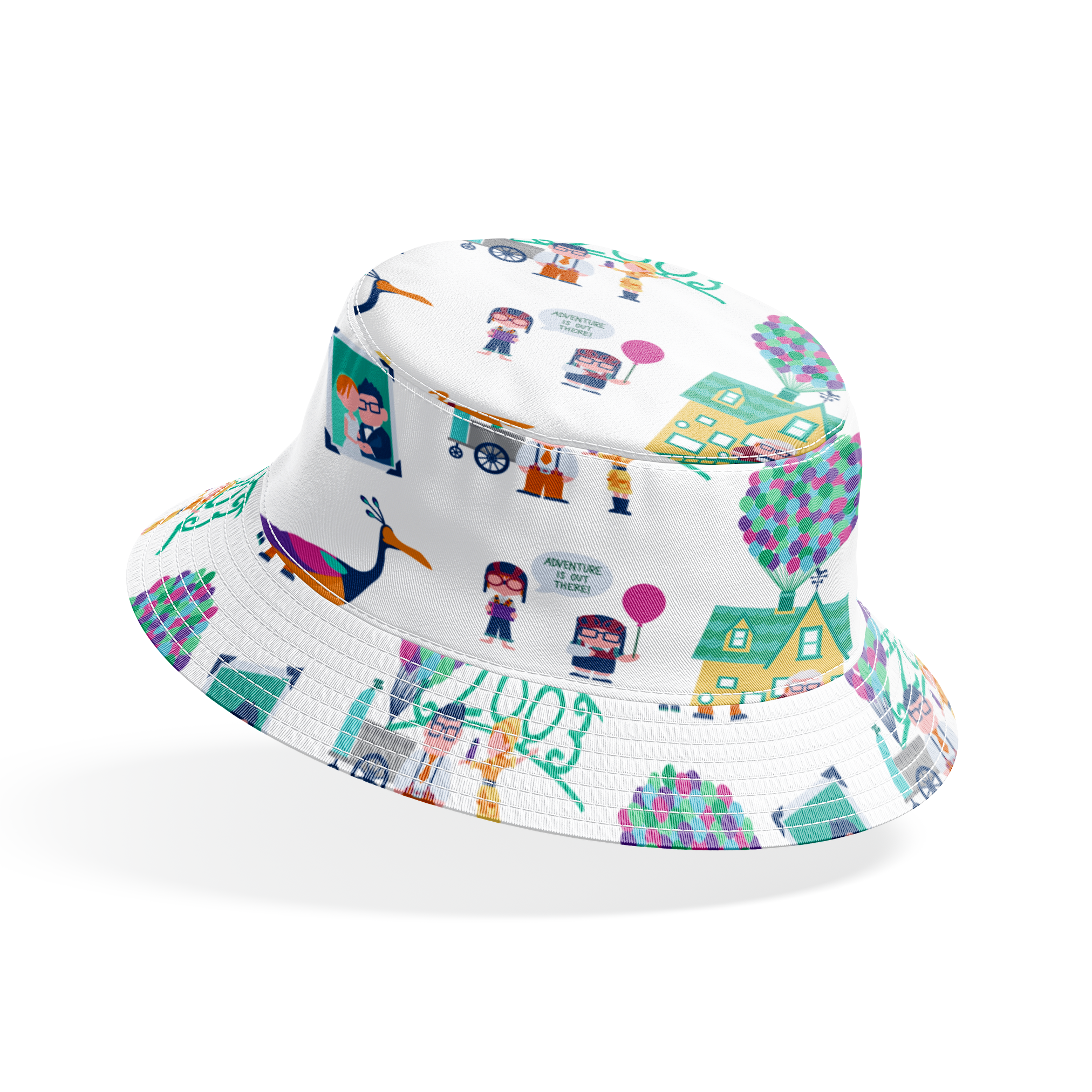 Colorful illustrated Up-inspired zoo pattern with cartoon characters, houses with balloons, peacocks, and family portraits on white background. bucket hat mockup