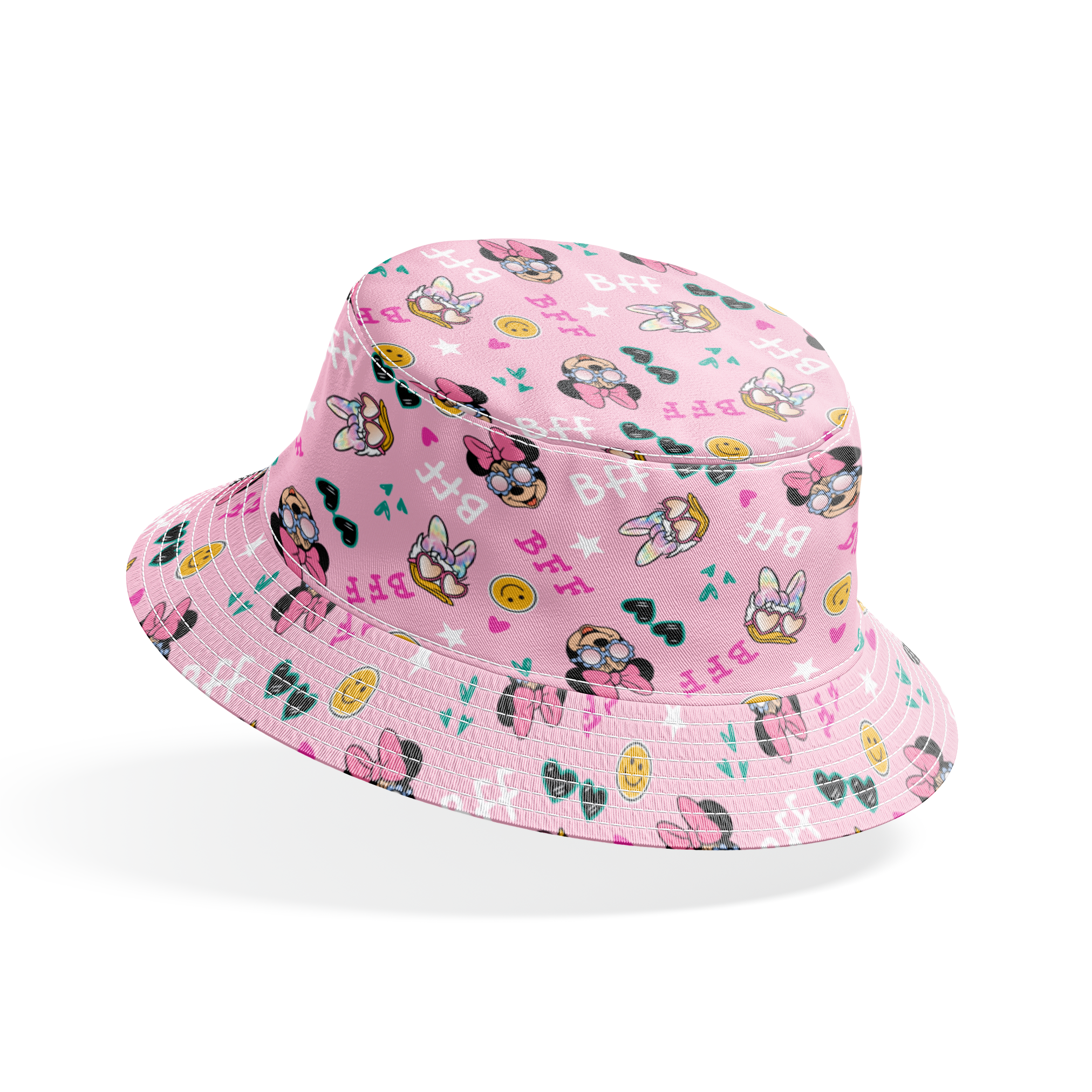 Pink background with Minnie Mouse pattern featuring bows, heart sunglasses, smiley faces, and "BFF" text in playful colors. bucket hat mockup