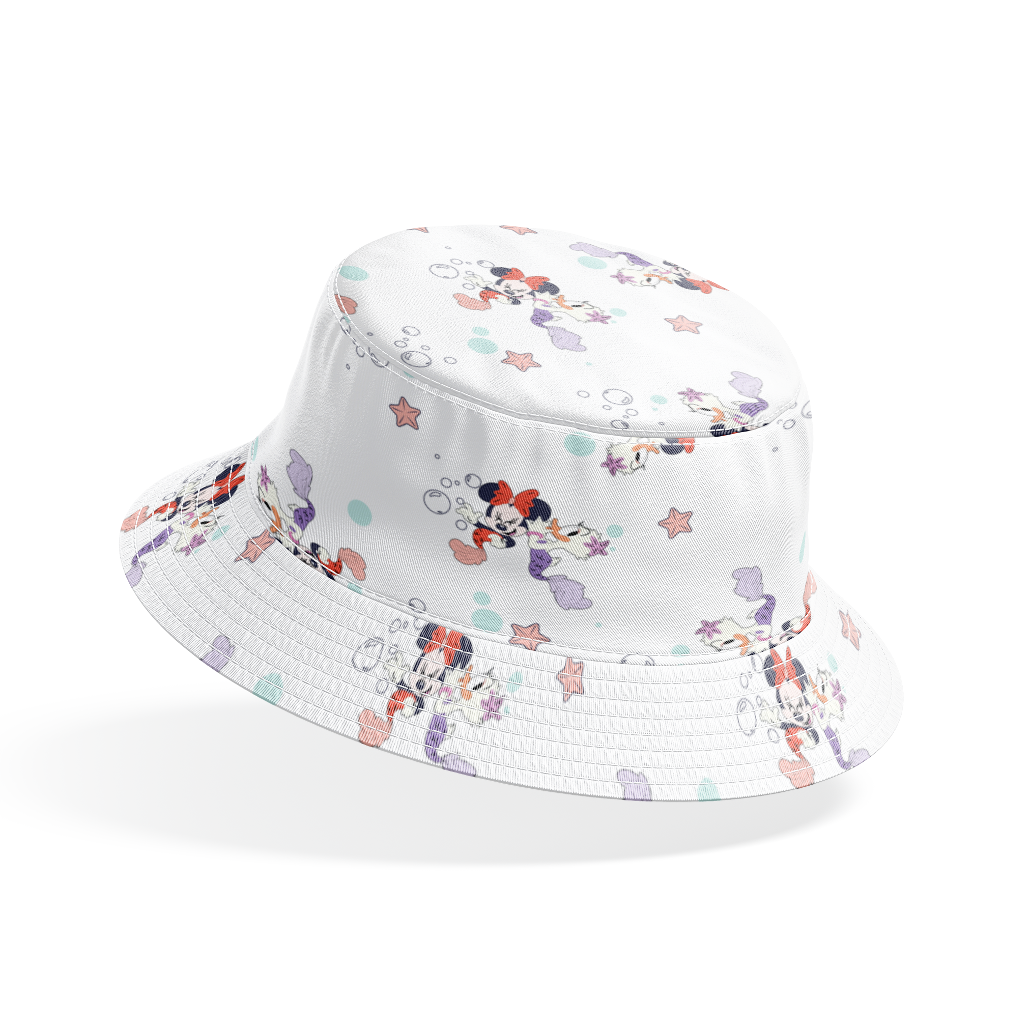 Minnie Mouse pattern with pastel stars and bubbles on white background, playful cartoon style bucket hat mockup